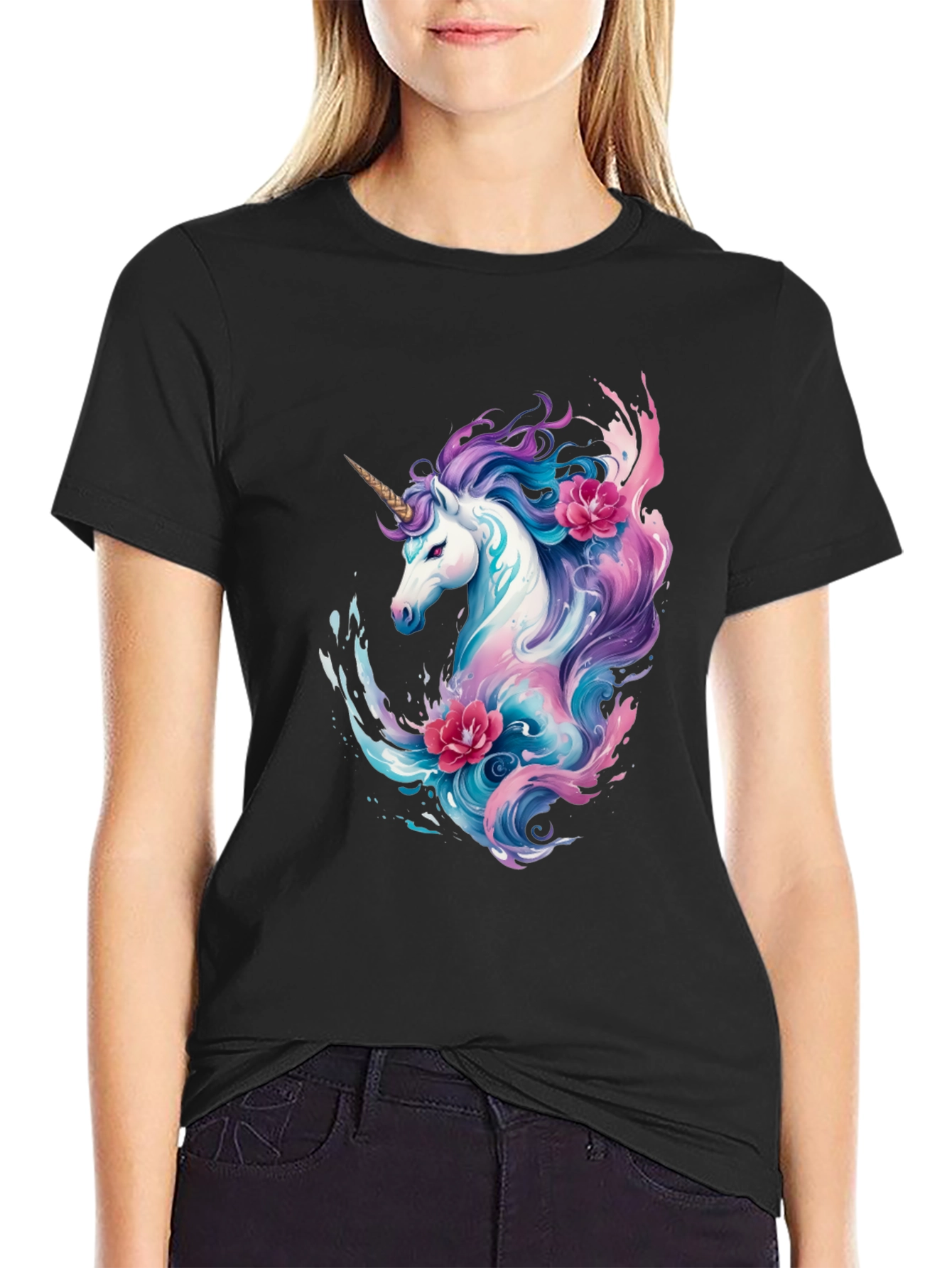 Black Unicorn Graphic Print T-Shirt view 2