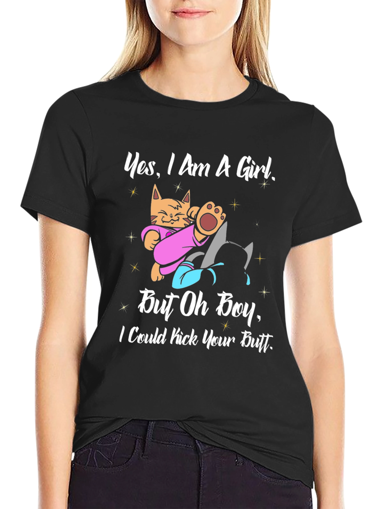 Black Funny Cat Graphic T-Shirt - "Yes I Am A Girl" view 2