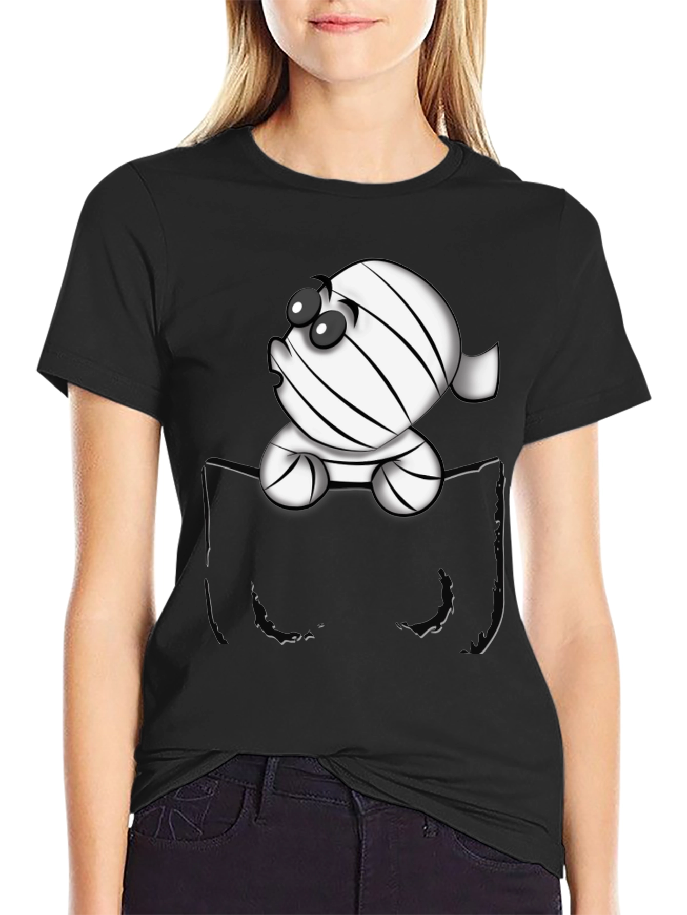 Black Cute Cartoon Mummy in Pocket T-Shirt view 2