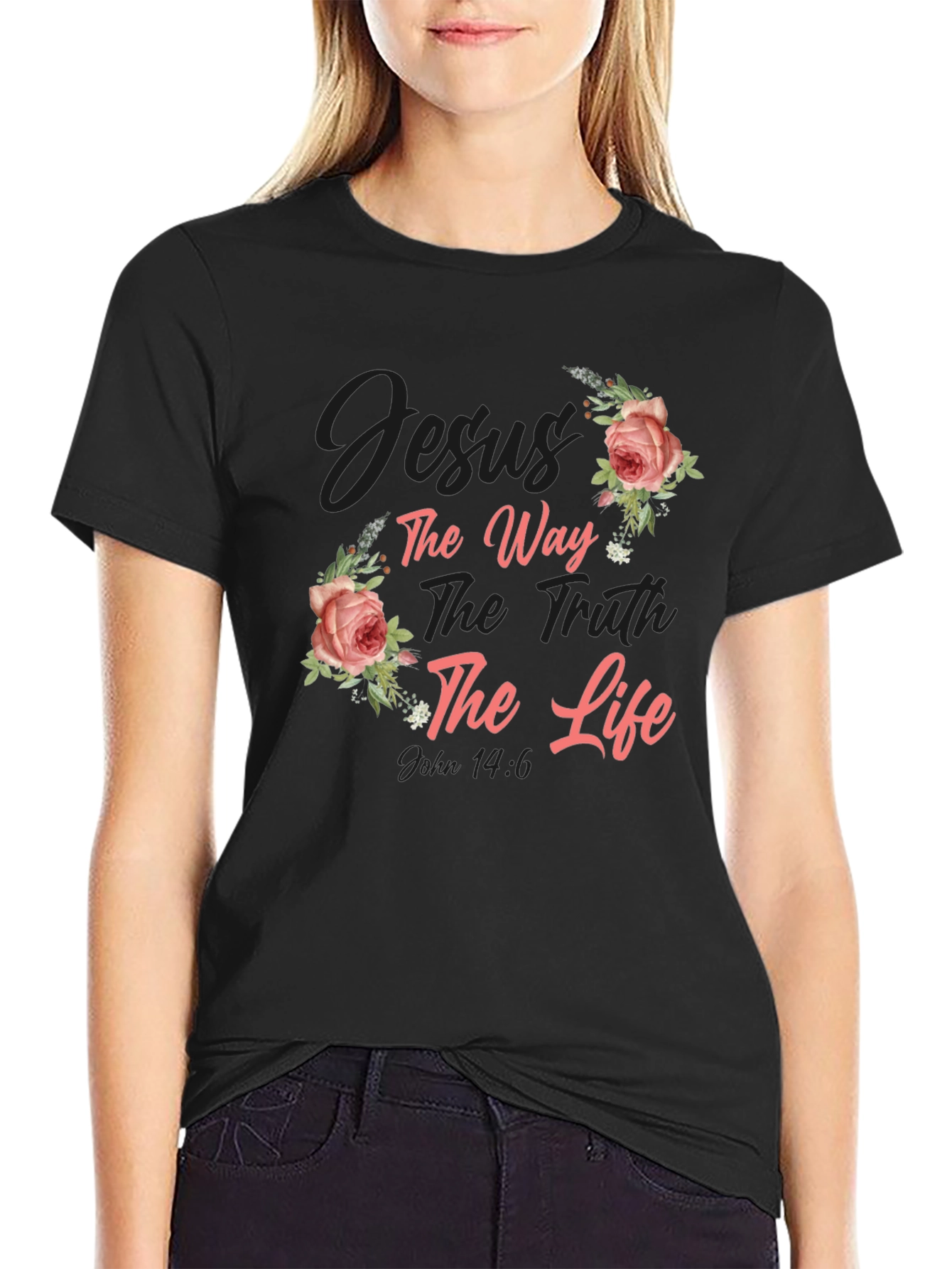 Black Floral Jesus the Way, Truth, Life Black T-Shirt view 2