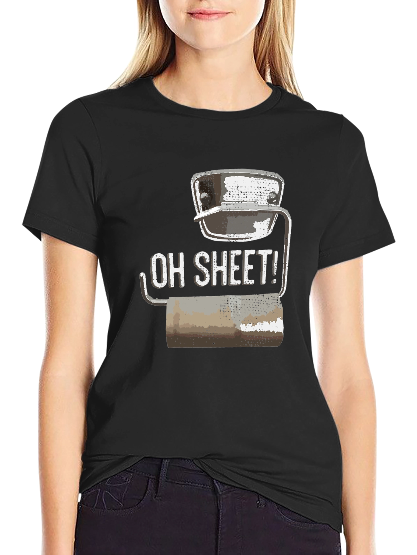 Black Humorous 'Oh Sheet!' Toilet Paper T-Shirt view 2