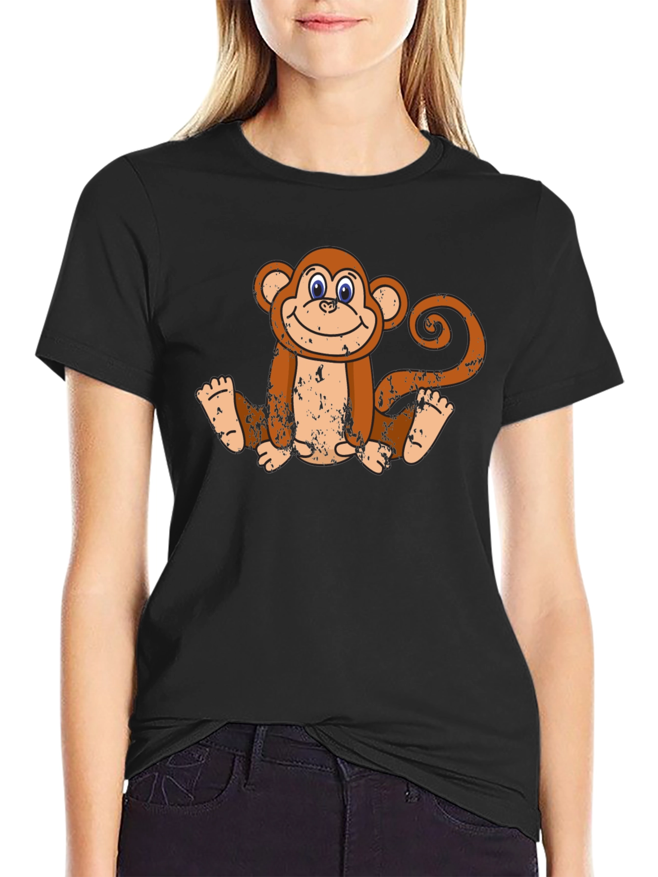 Black Smiling Monkey Graphic Tee - Casual Black T-Shirt view 2