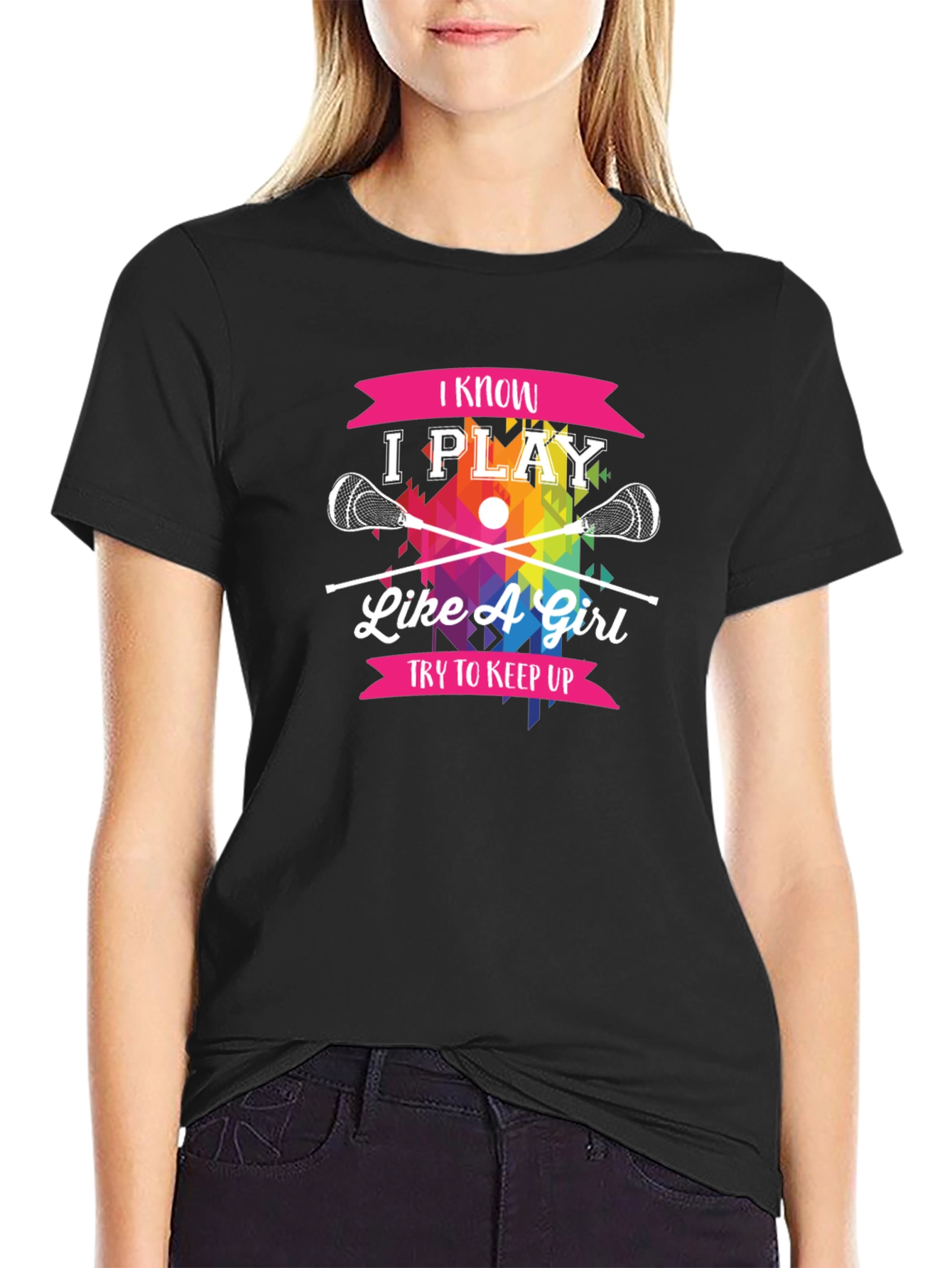 Black I Know I Play Like A Girl Lacrosse T-Shirt view 2