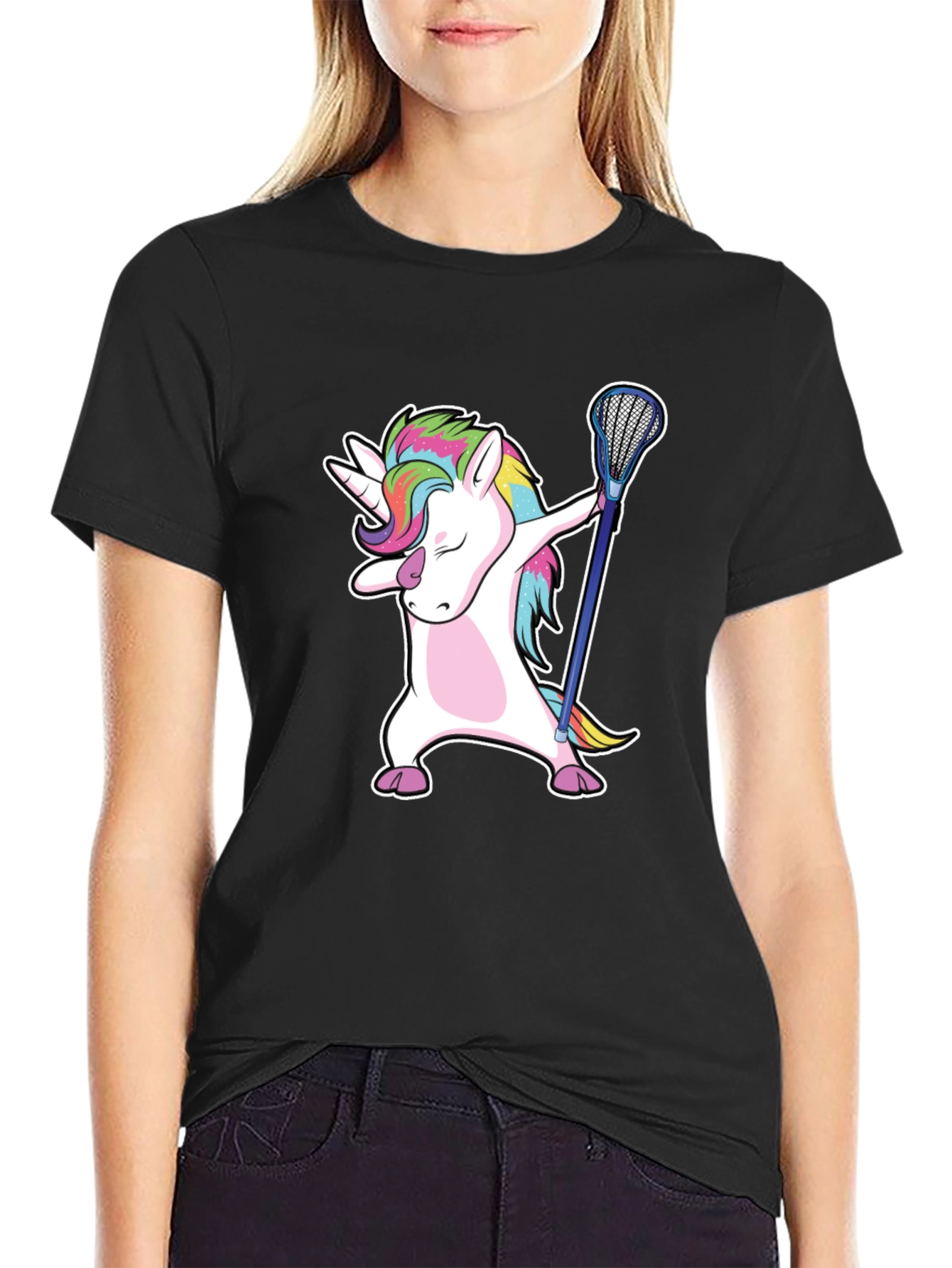 Black Unicorn Dabbing with Lacrosse Stick T-Shirt view 2