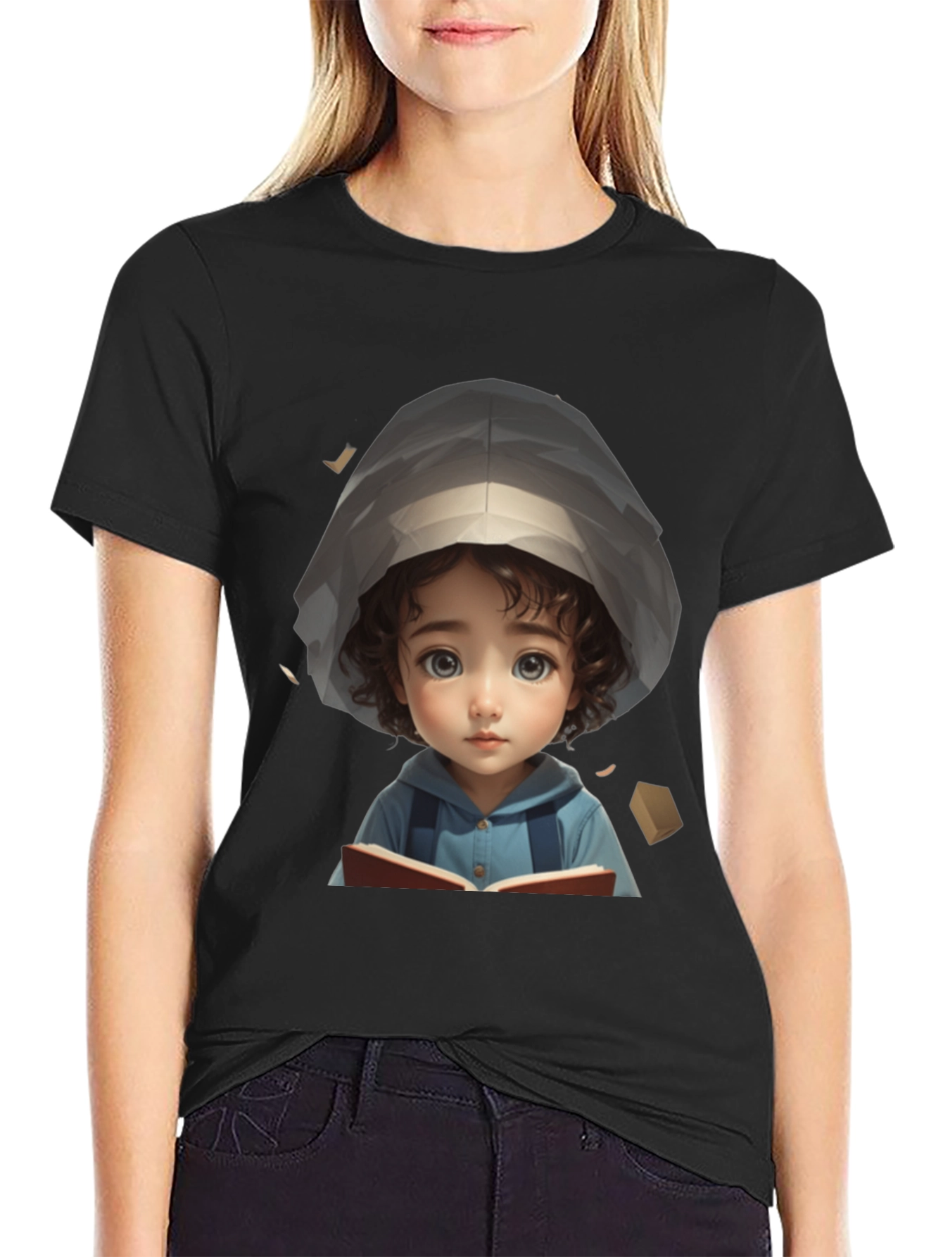 Black Cute Cartoon Girl Reading Book Black T-Shirt view 2