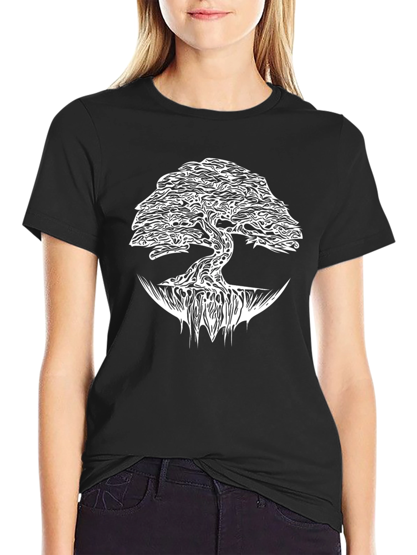 Black Black T-Shirt with White Tree of Life Graphic view 2
