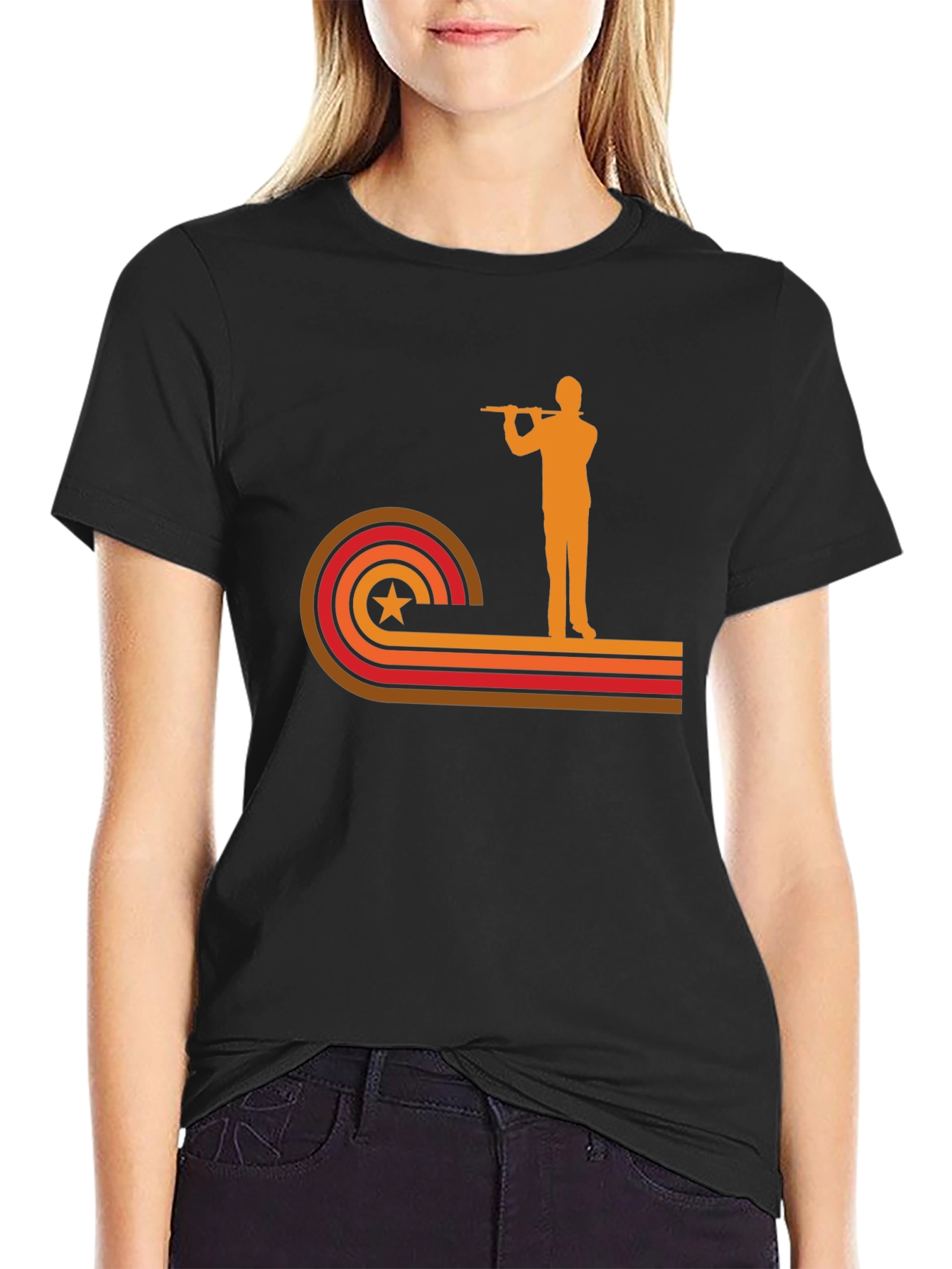 Black Retro Flute Player Graphic Tee view 2