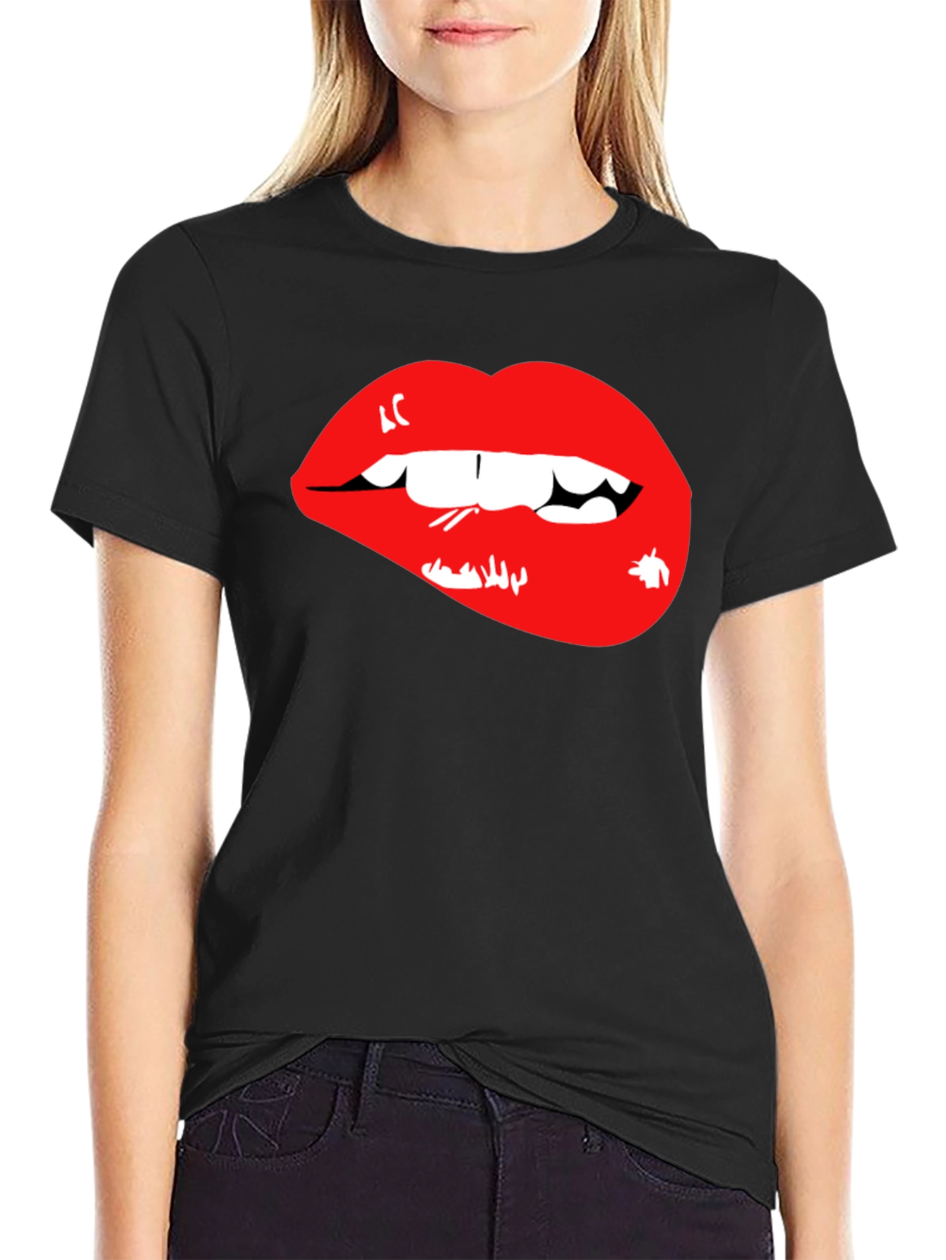 Black Red Lips Graphic Black T-Shirt view 2