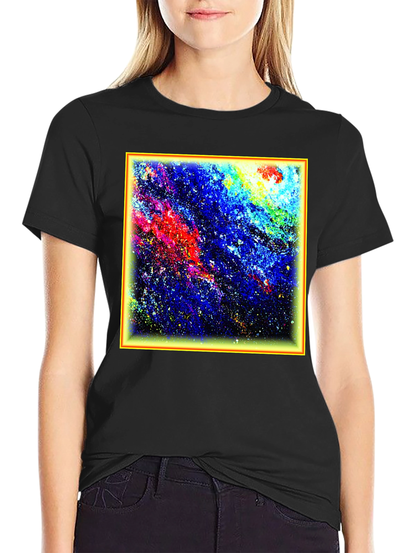 Black Abstract Art T-Shirt - Colorful Galaxy Design view 2