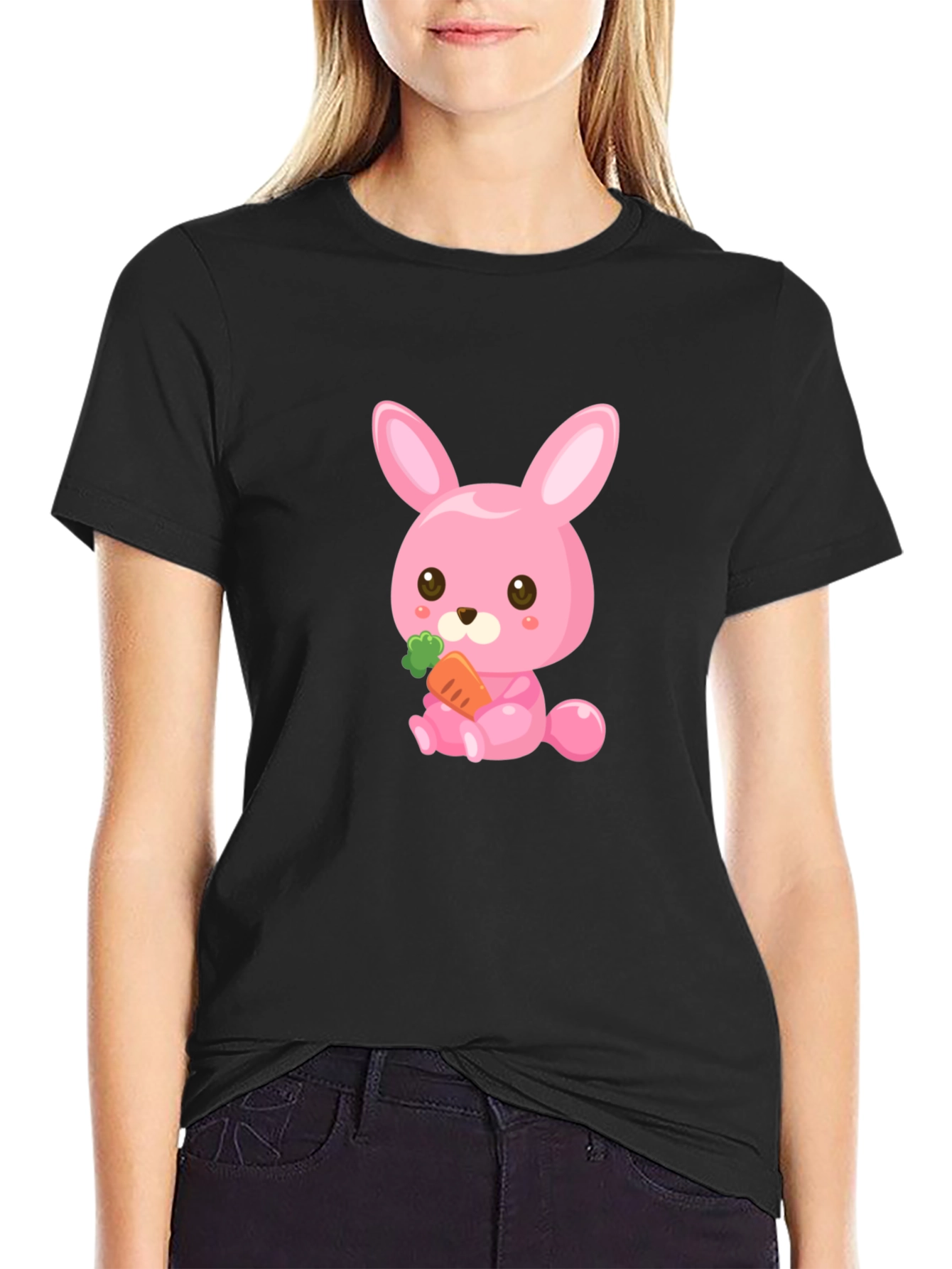 Black Cute Pink Bunny with Carrot Graphic Tee view 2
