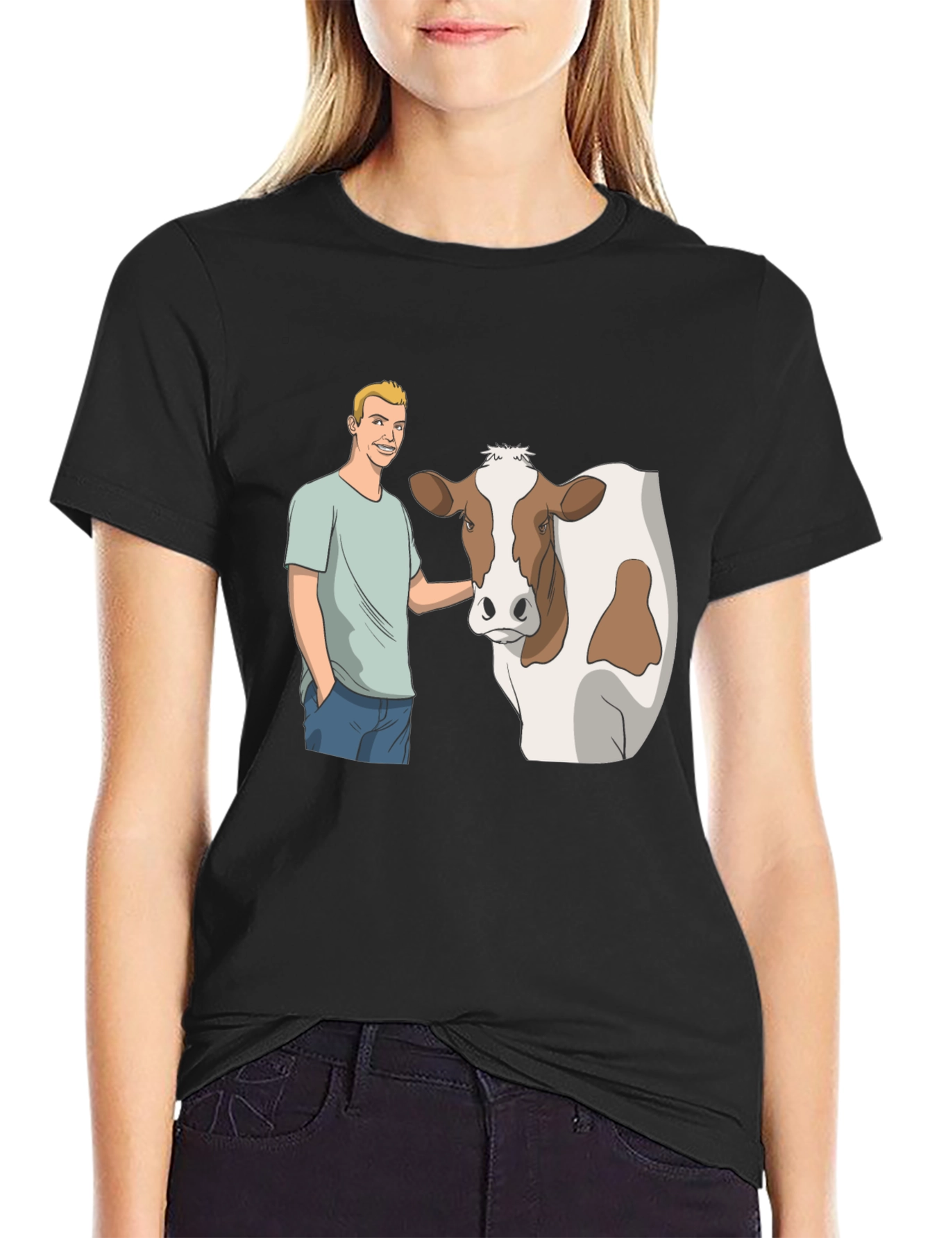 Black Cartoon Man & Cow Black T-Shirt view 2