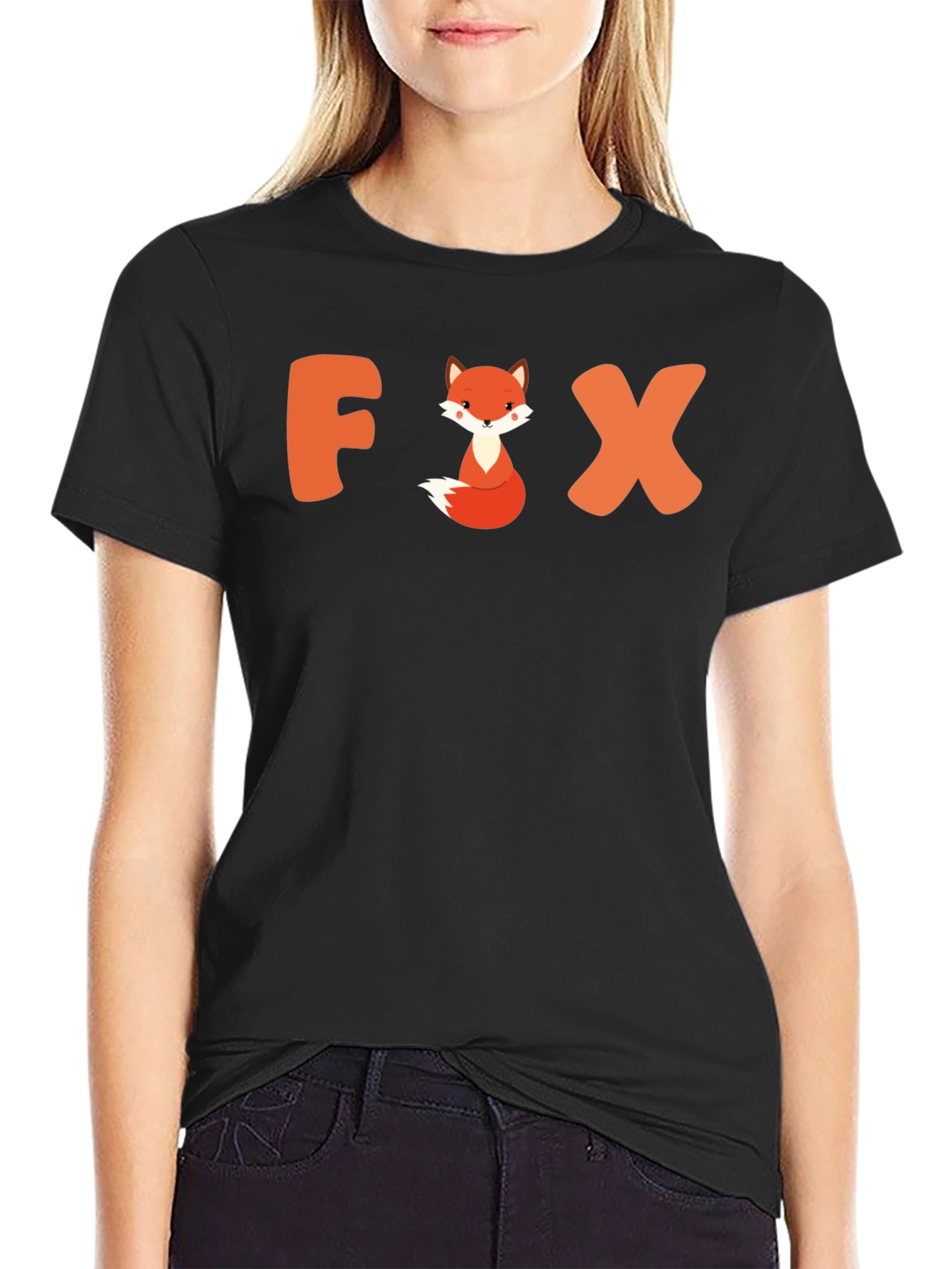 Black Cute Fox Graphic Tee - Unisex Black T-Shirt view 2