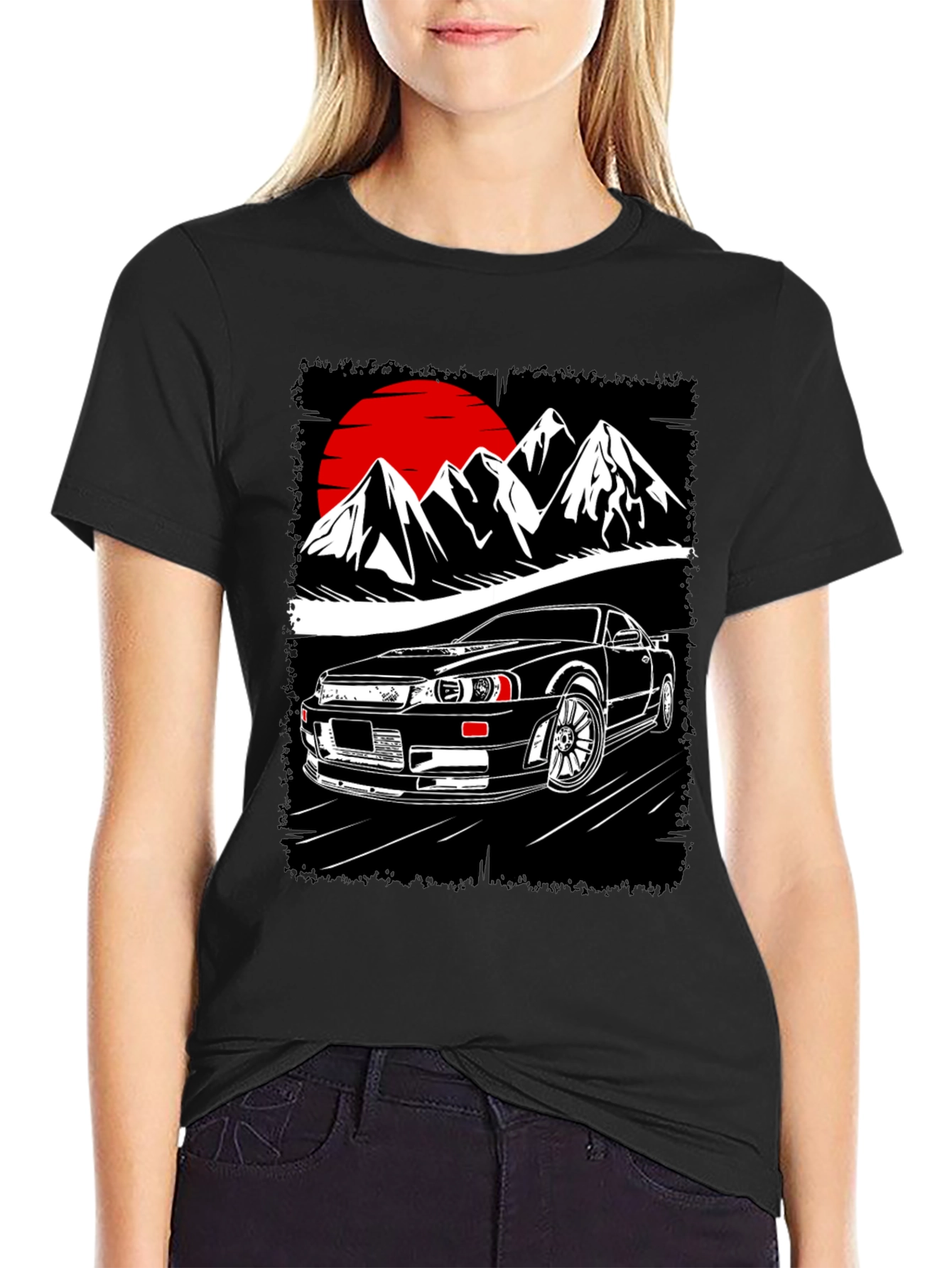 Black Car & Mountain Graphic Tee - Black Cotton T-Shirt view 2