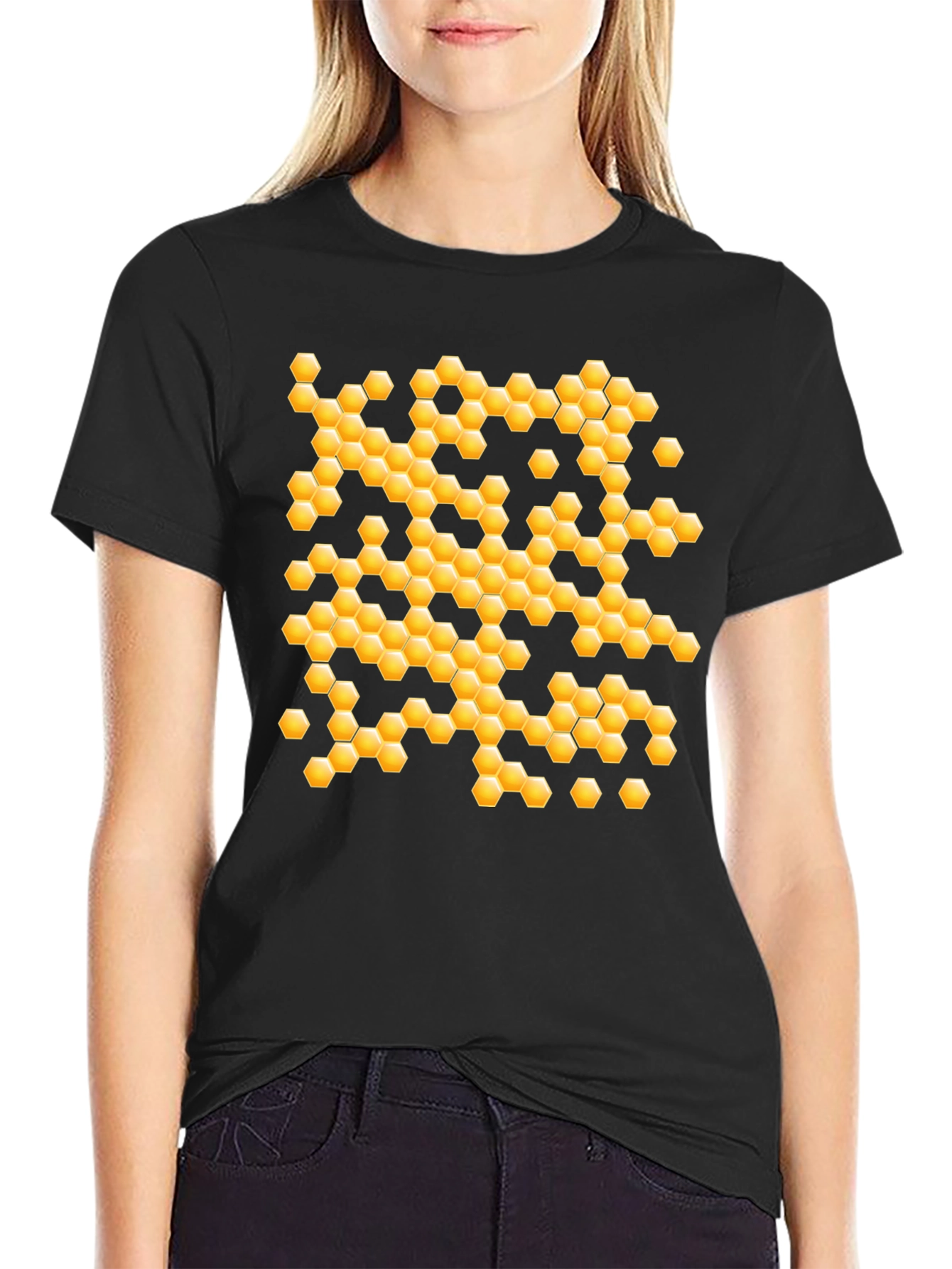 Black Honeycomb Pattern Graphic T-Shirt view 2