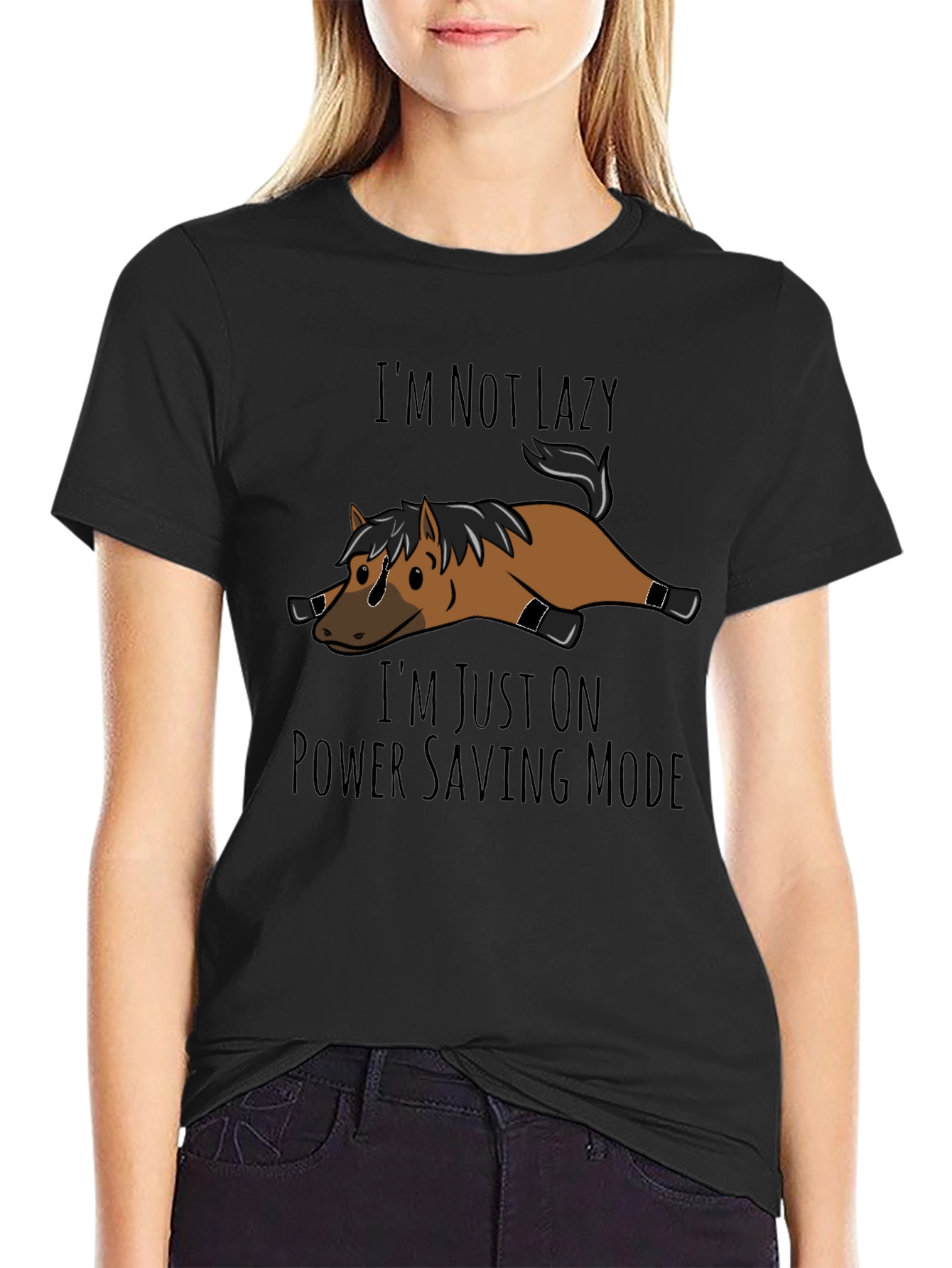 Black Lazy Horse T-Shirt - Power Saving Mode Funny Tee view 2
