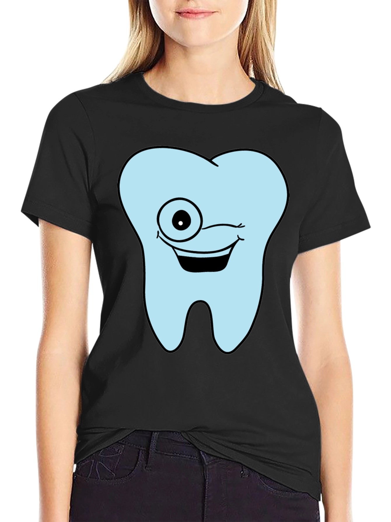 Black Winking Tooth Graphic T-Shirt - Black Cotton Tee view 2