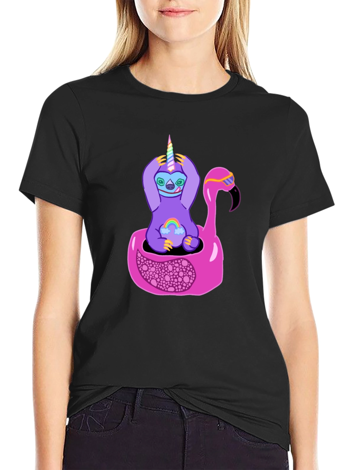 Black Sloth Unicorn Flamingo Pool Float Graphic Tee view 2
