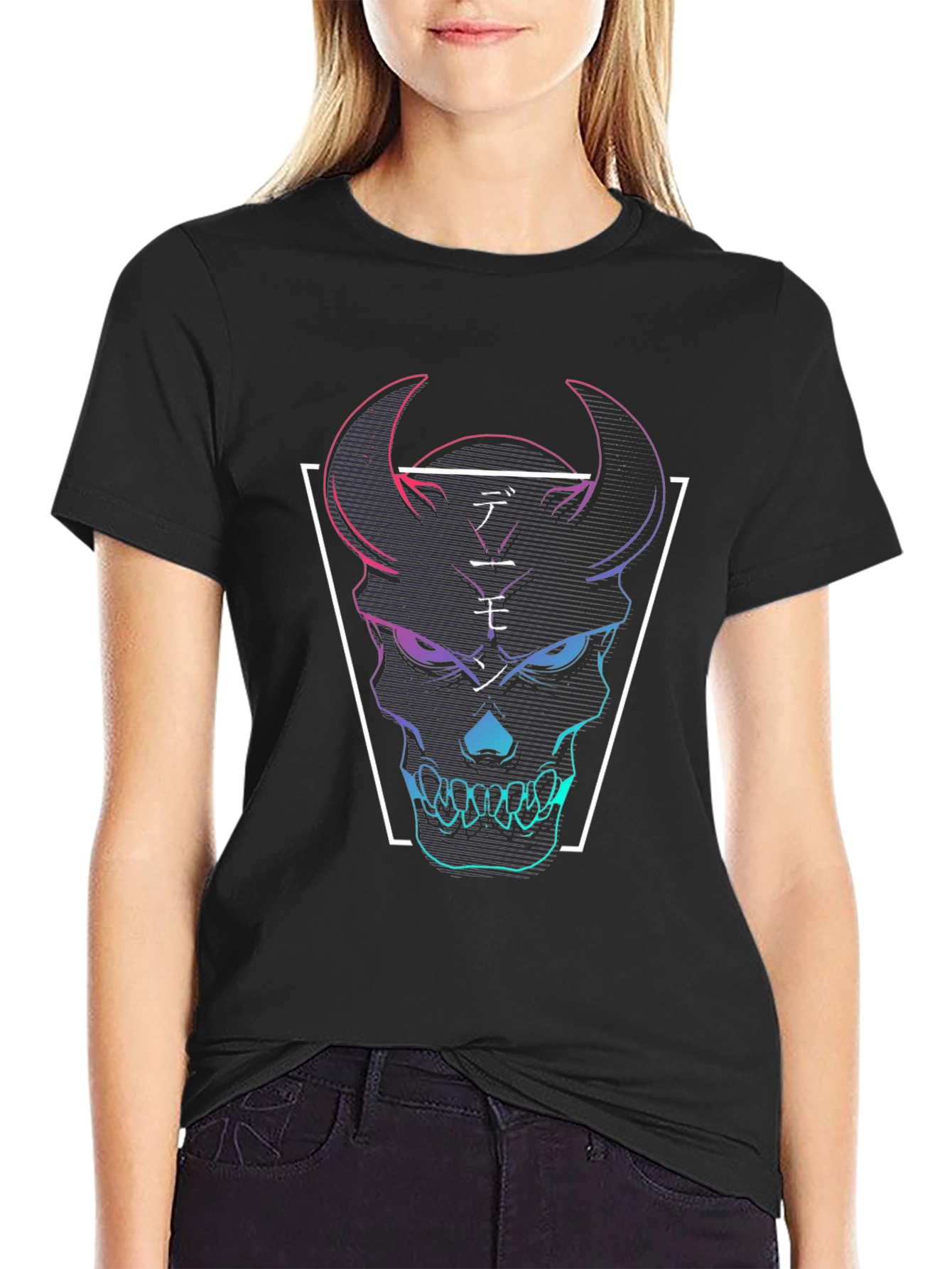 Black Neon Demon Skull Graphic Tee - Black Cotton T-Shirt view 2