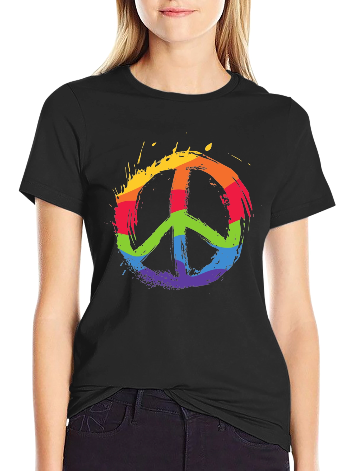 Black Rainbow Peace Sign Graphic T-Shirt view 2