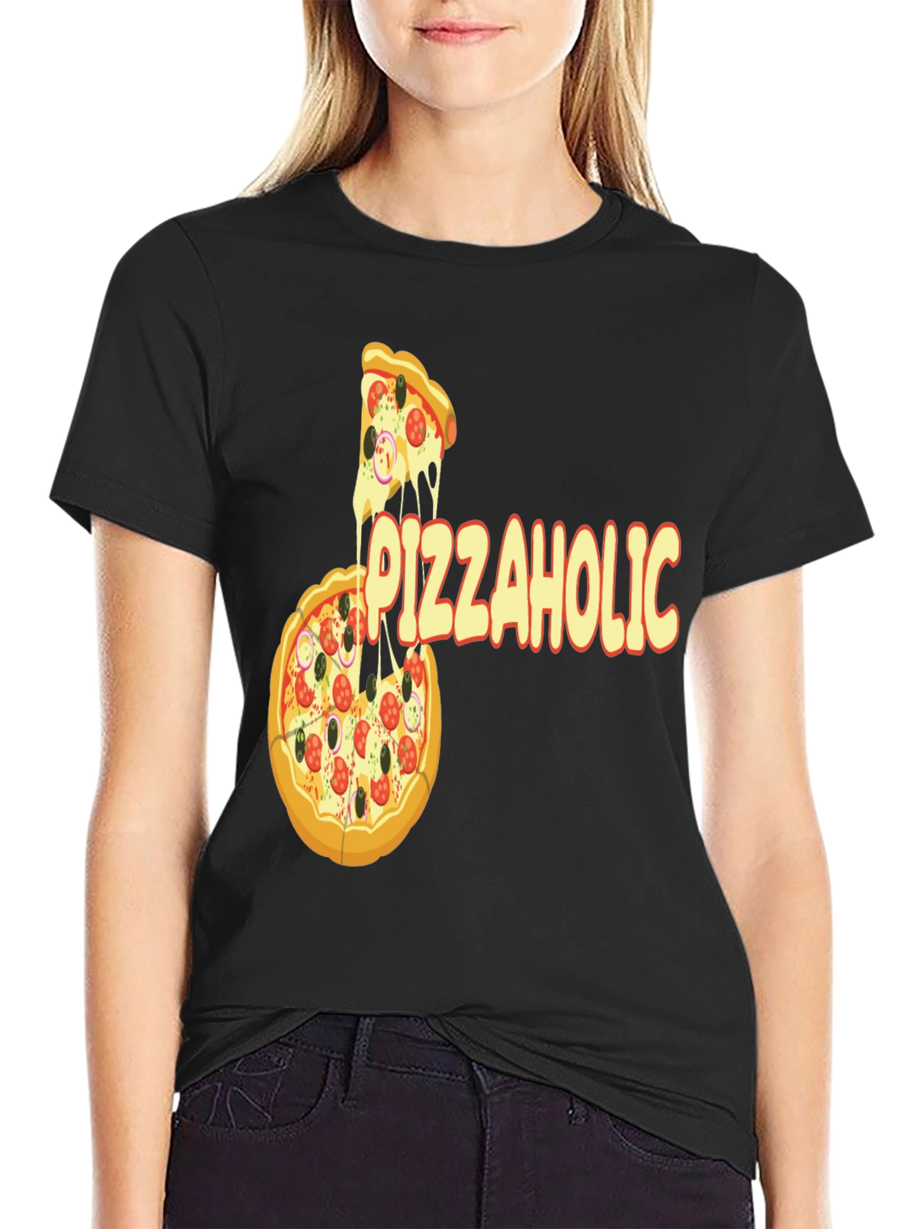 Black PizzaHolic Graphic T-Shirt - Funny Foodie Tee view 2