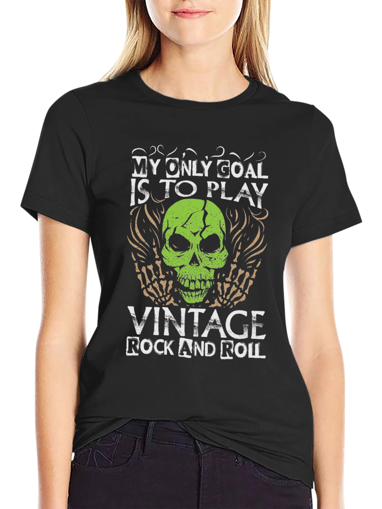 Black Vintage Rock & Roll Skull Graphic Tee view 2