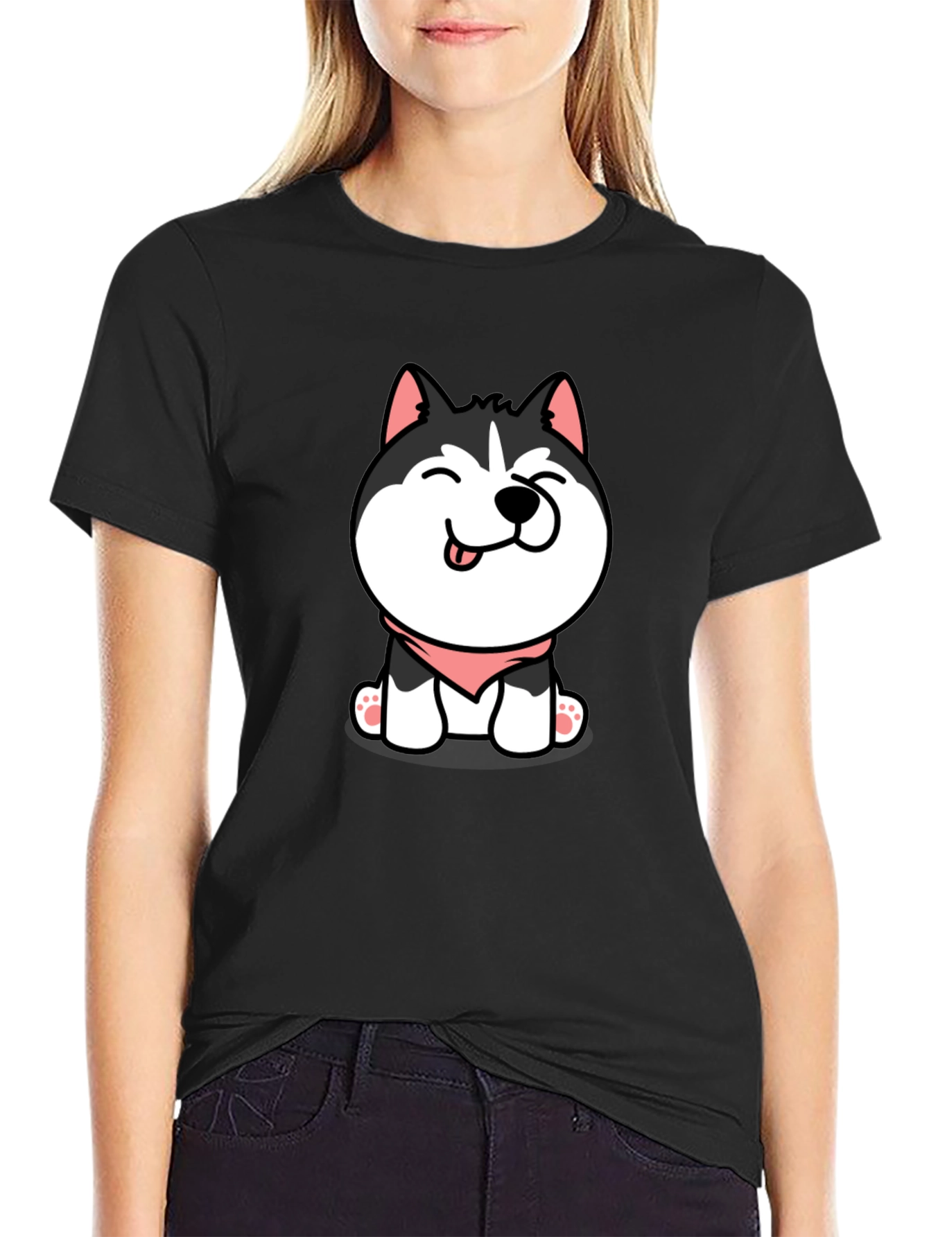 Black Cute Husky Puppy Graphic Tee - Black Cotton T-Shirt view 2
