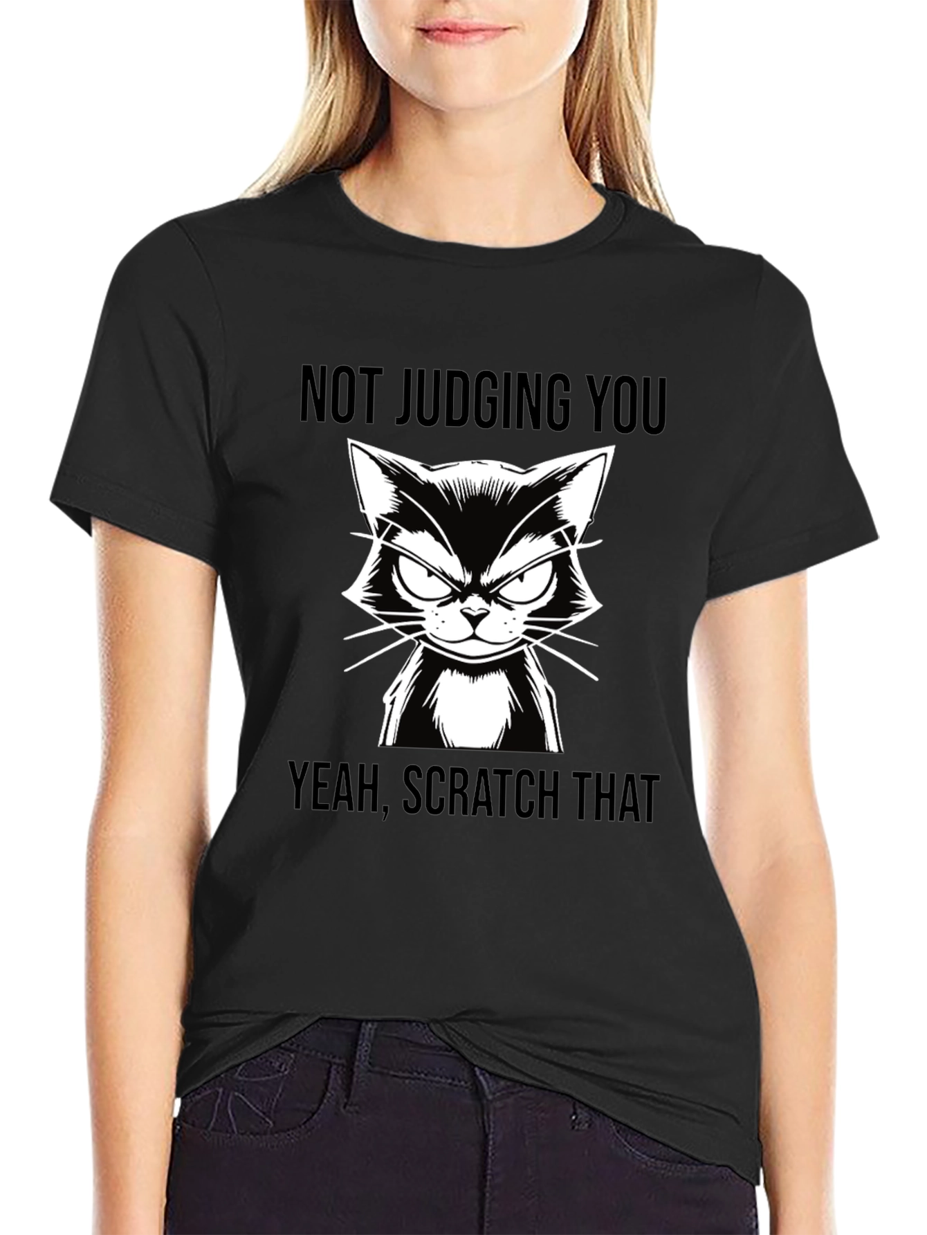 Black Funny Cat T-Shirt - Not Judging You Tee view 2