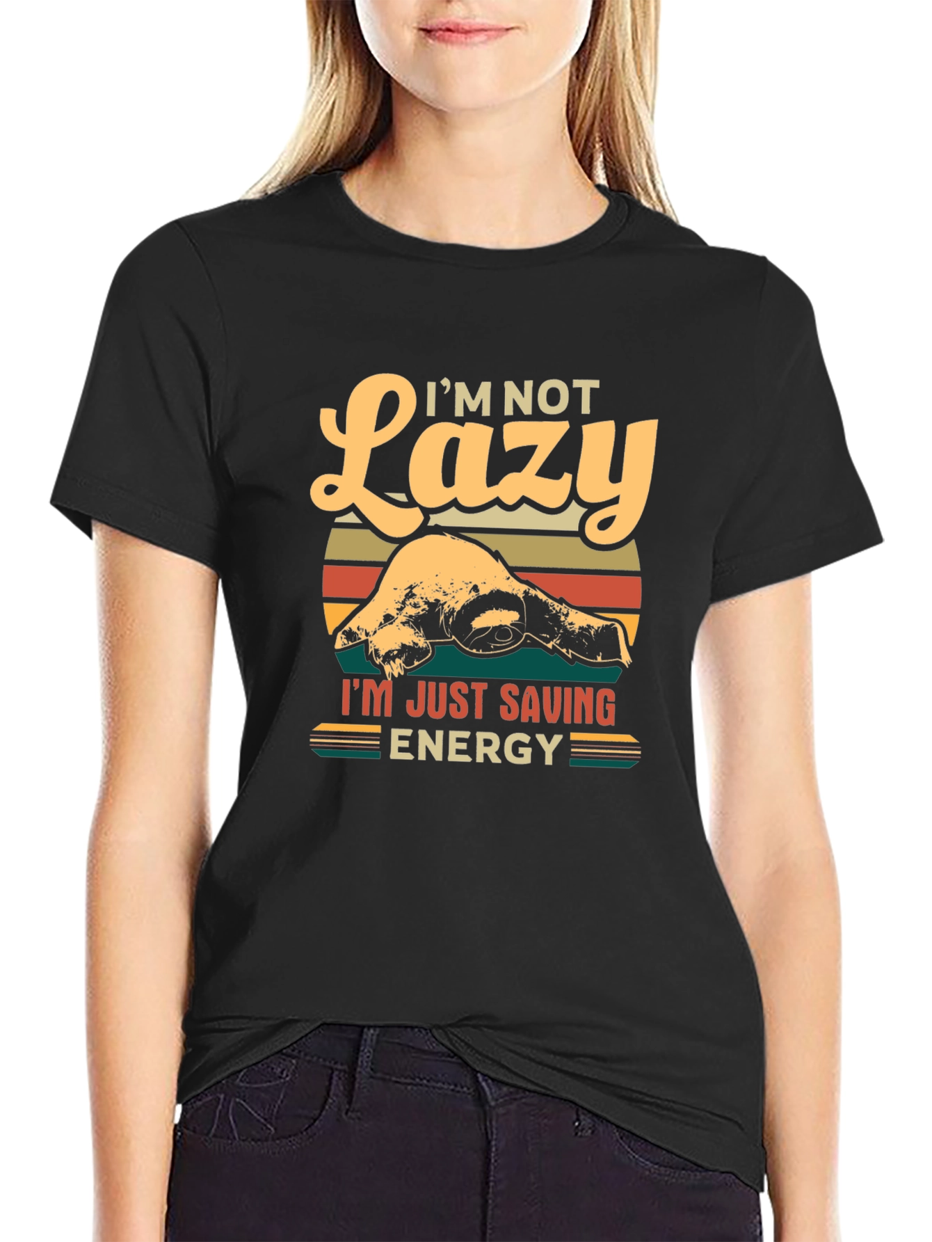 Black Lazy Sloth Energy Saving Graphic T-Shirt view 2