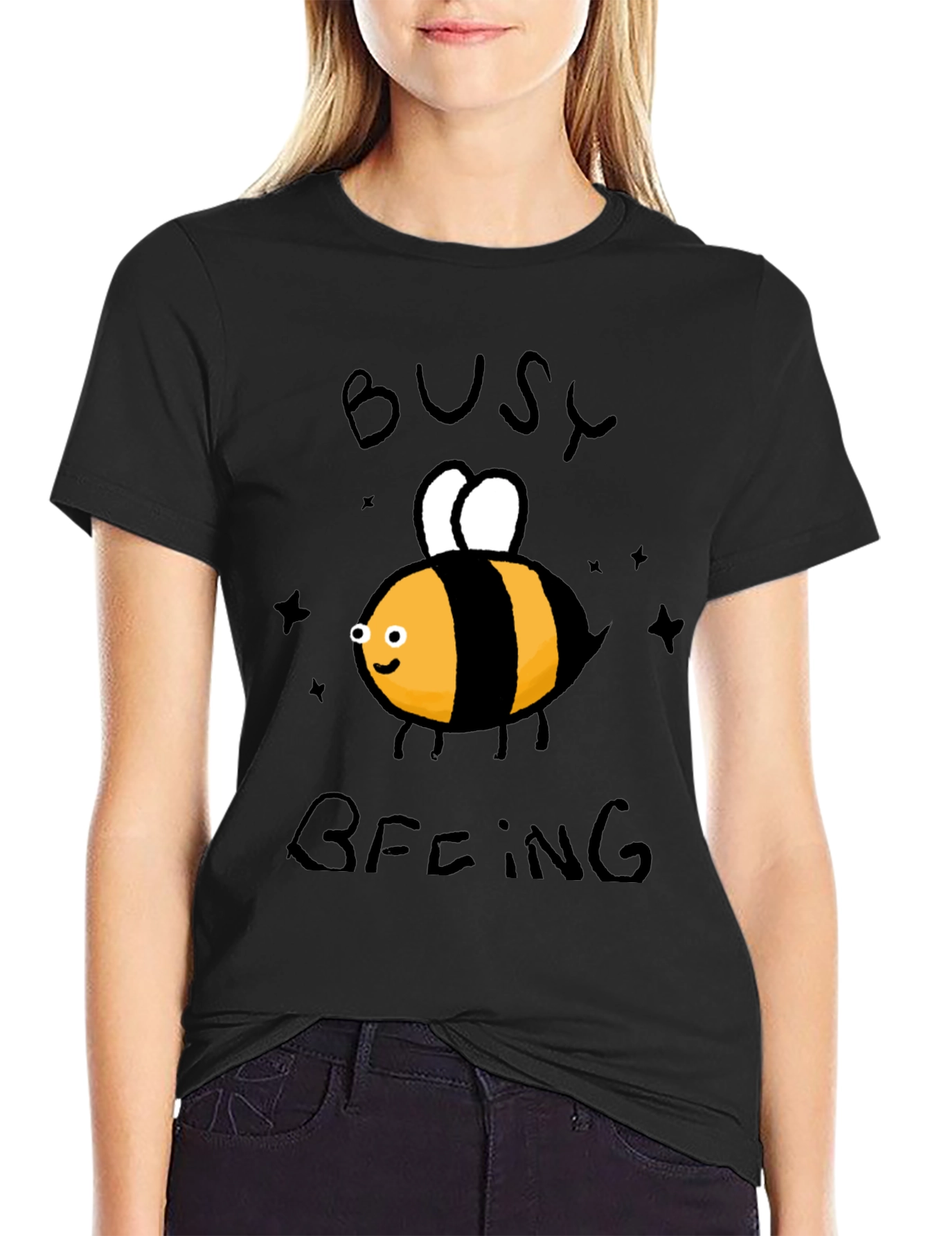 Black Busy Beeing T-Shirt - Black Crew Neck Graphic Tee view 2