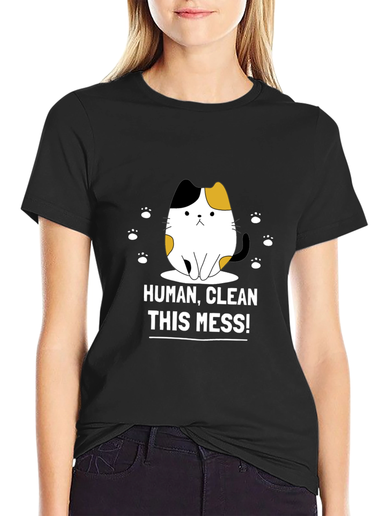 Black Funny Cat Graphic T-Shirt - Clean This Mess! view 2