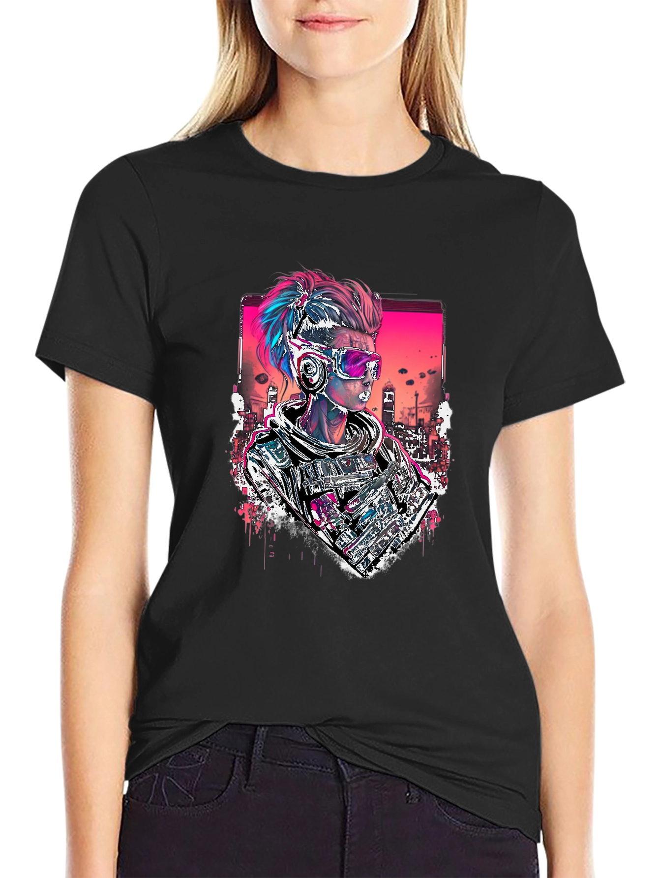 Black Cyberpunk Soldier Graphic Black Tee view 2