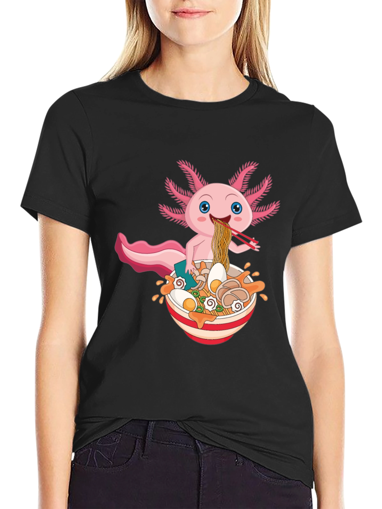 Black Axolotl Ramen T-Shirt - Cute Kawaii Noodle Lover Tee view 2