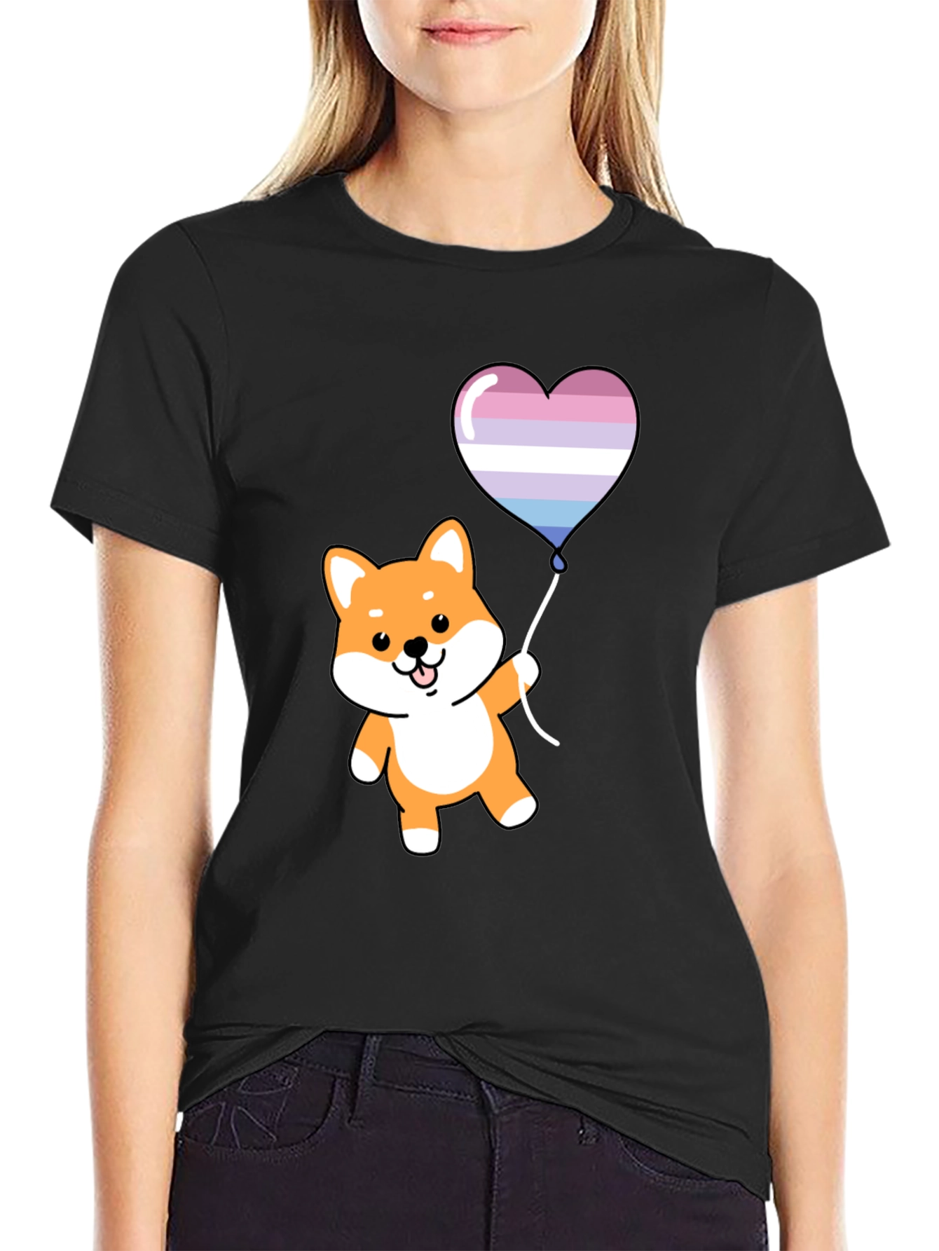 Black Shiba Inu Heart Balloon Graphic Tee view 2