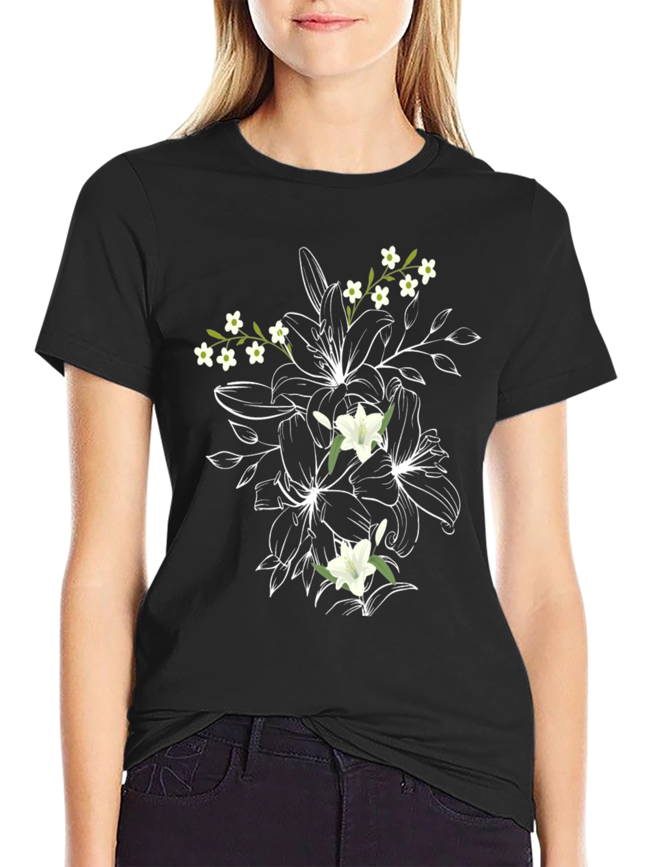 Black Floral Print T-Shirt: Black Cotton Tee with Lily Design view 2