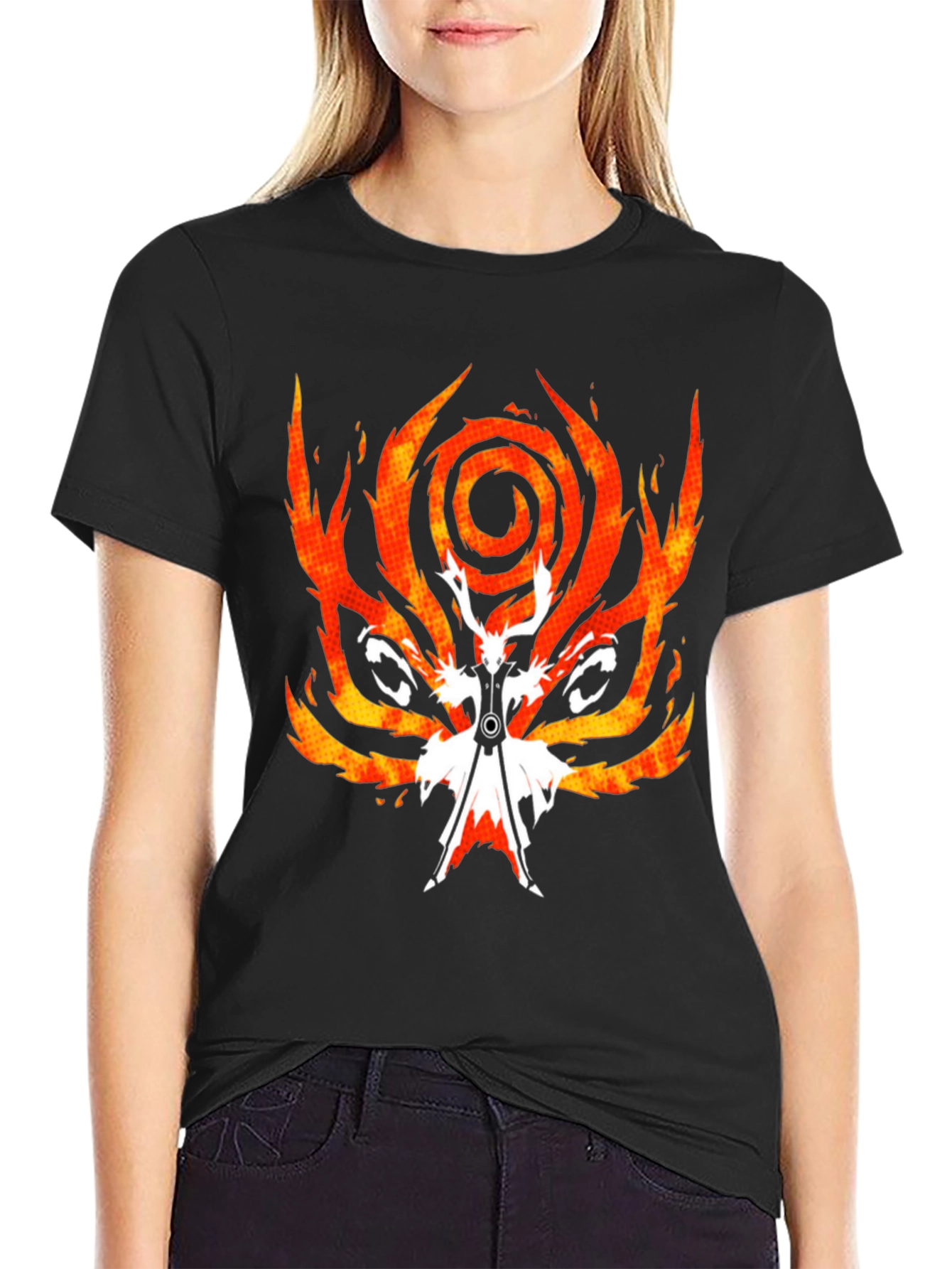 Black Fiery Anime Graphic Tee - Black Cotton Blend view 2