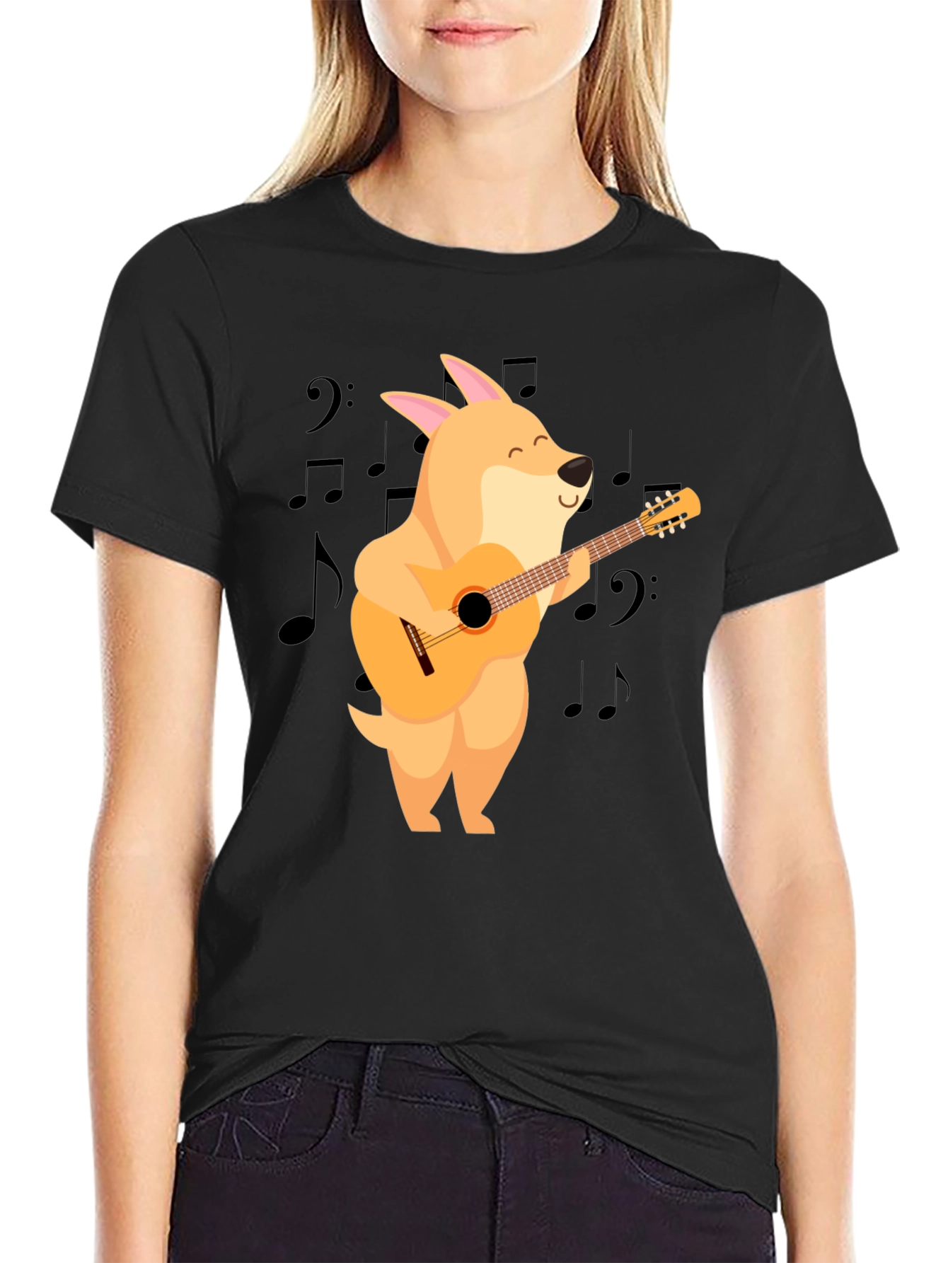 Black Dog Playing Guitar Black T-Shirt view 2