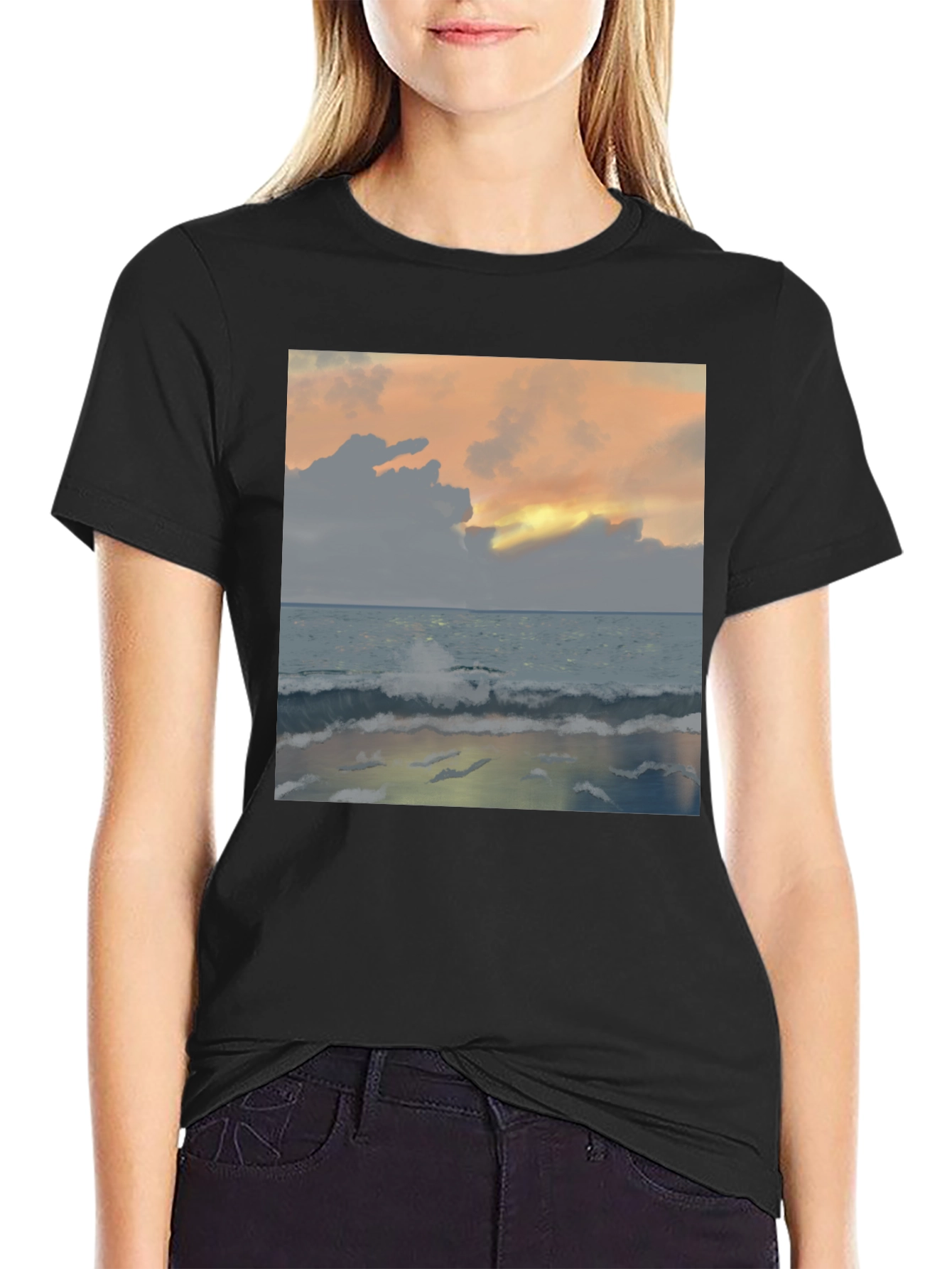 Black Ocean Sunset T-Shirt - Black Crew Neck view 2