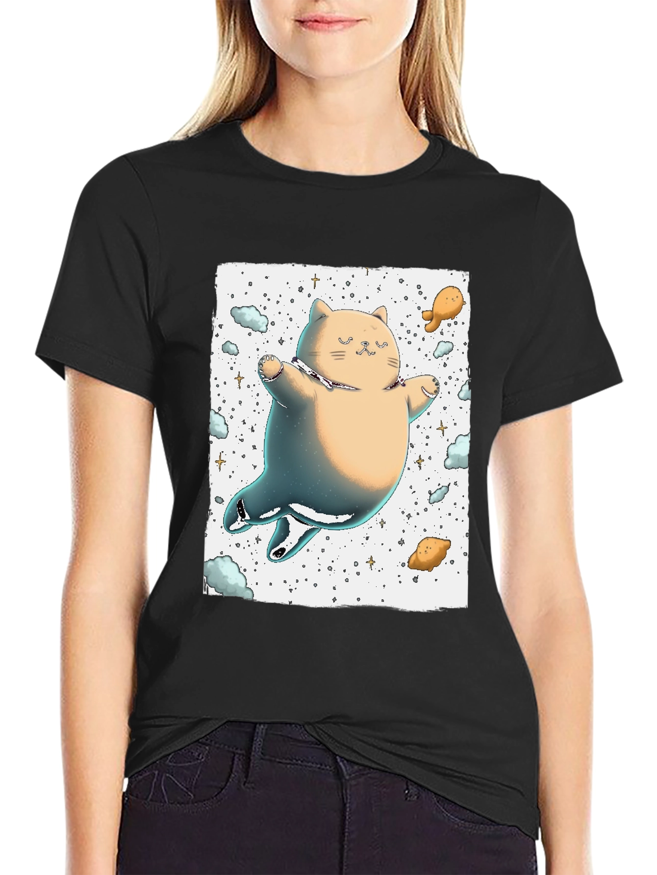 Black Space Cat T-Shirt - Adorable Feline in the Cosmos! view 2