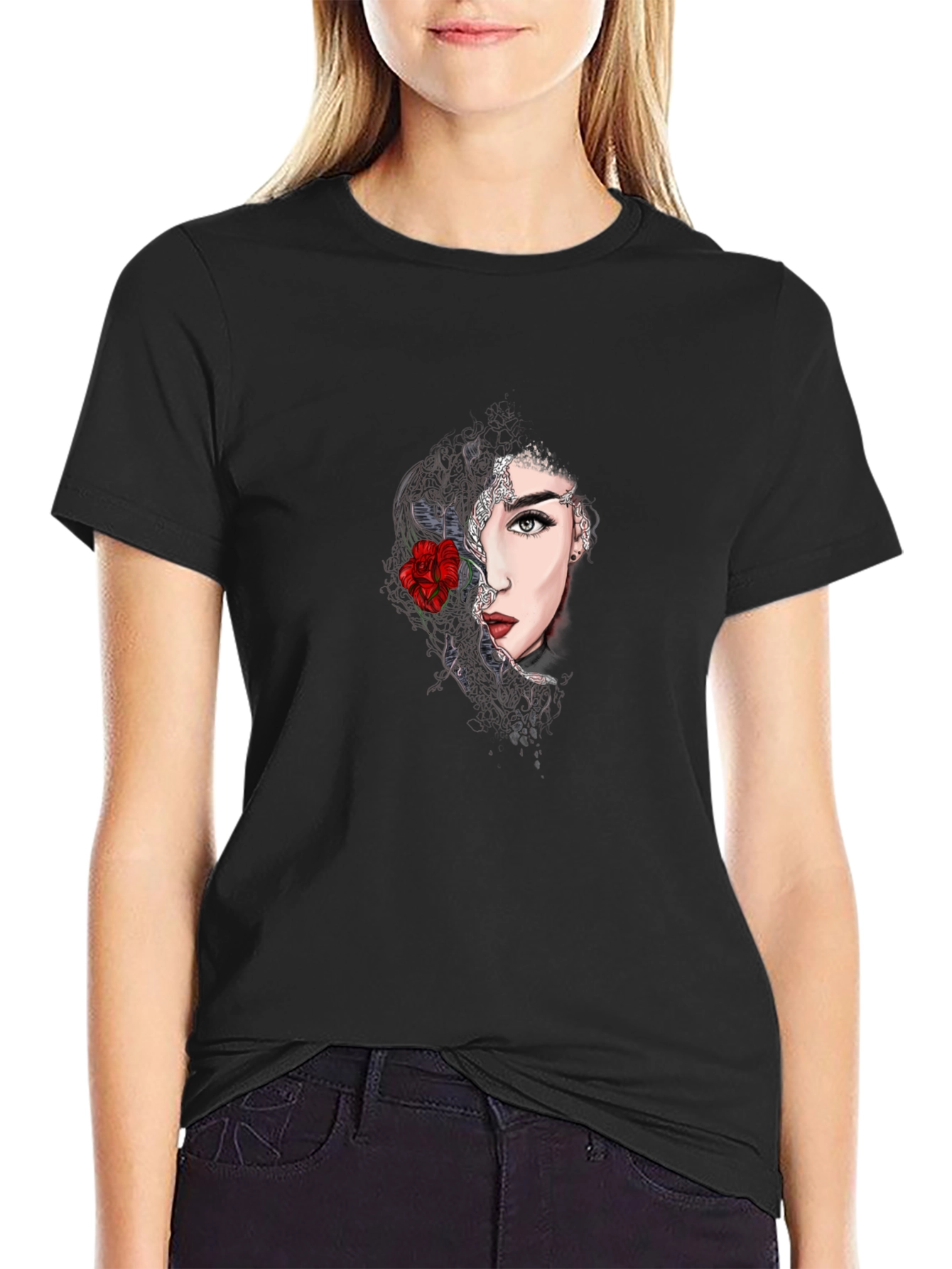 Black Woman With Rose Graphic Tee - Stylish Casual Top view 2