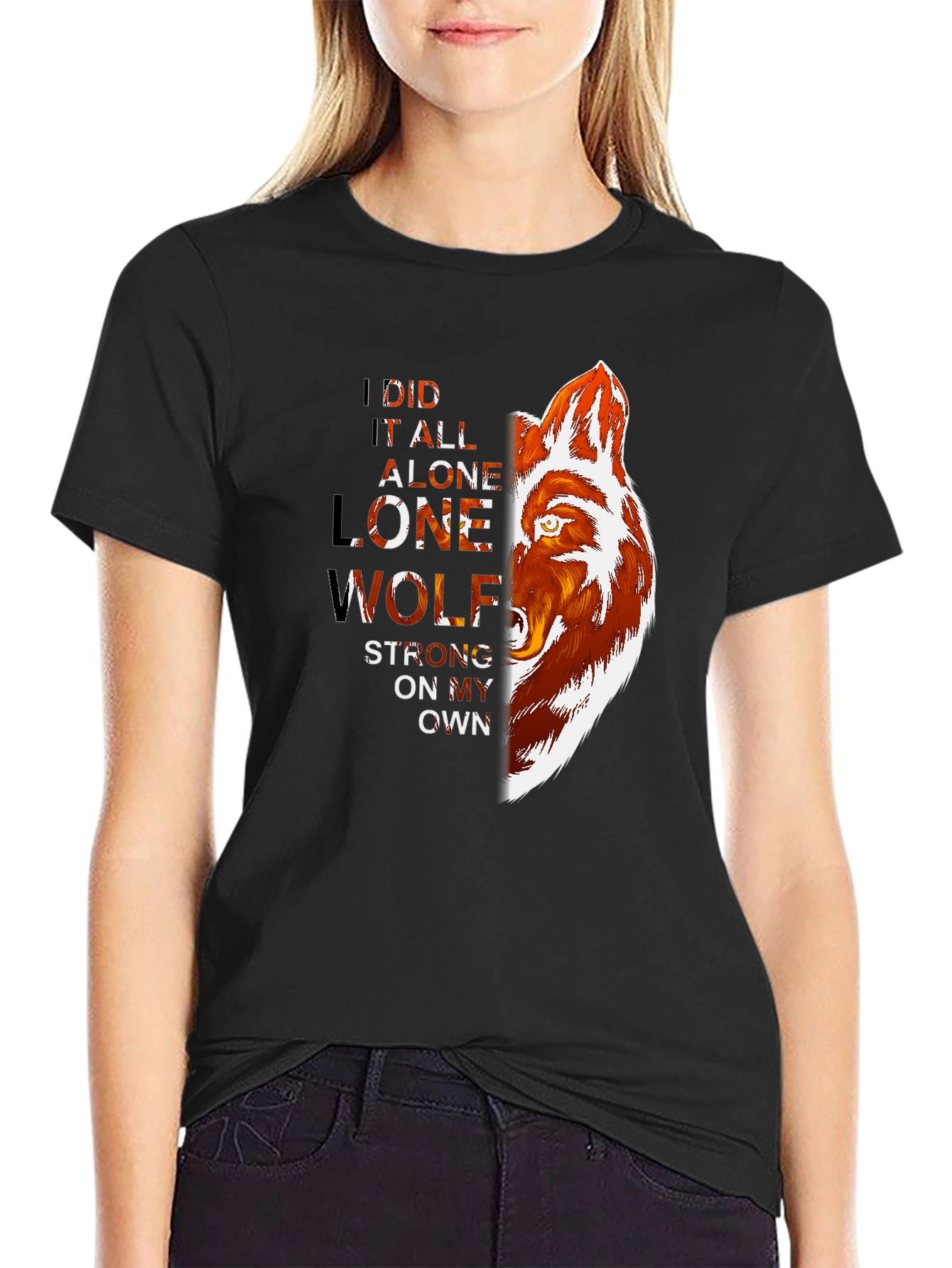 Black Lone Wolf Graphic Print T-Shirt - Strong, Independent Style view 2