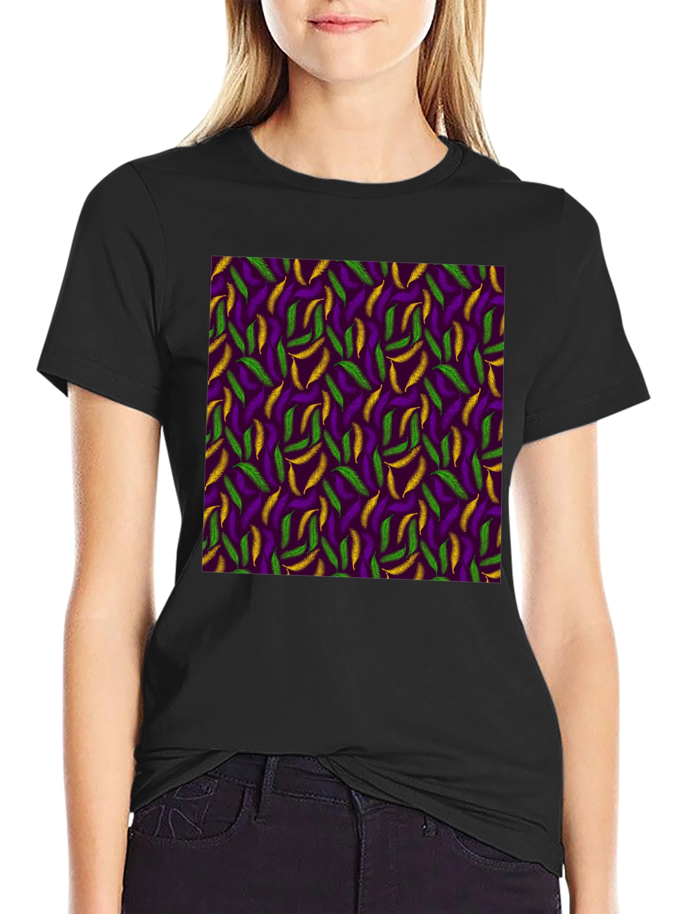 Black Mardi Gras Feather Pattern Crewneck T-Shirt view 2