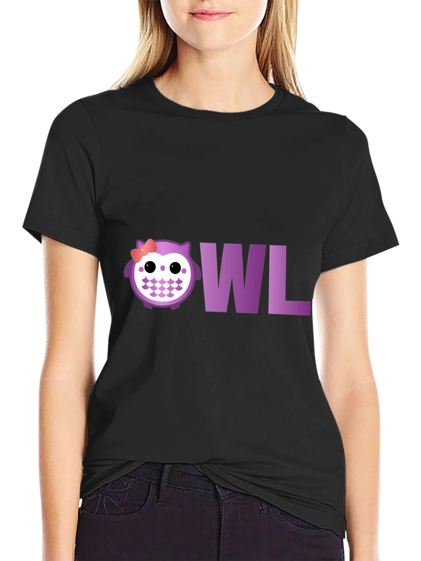 Black Cute Owl T-Shirt - Purple Graphic Tee view 2