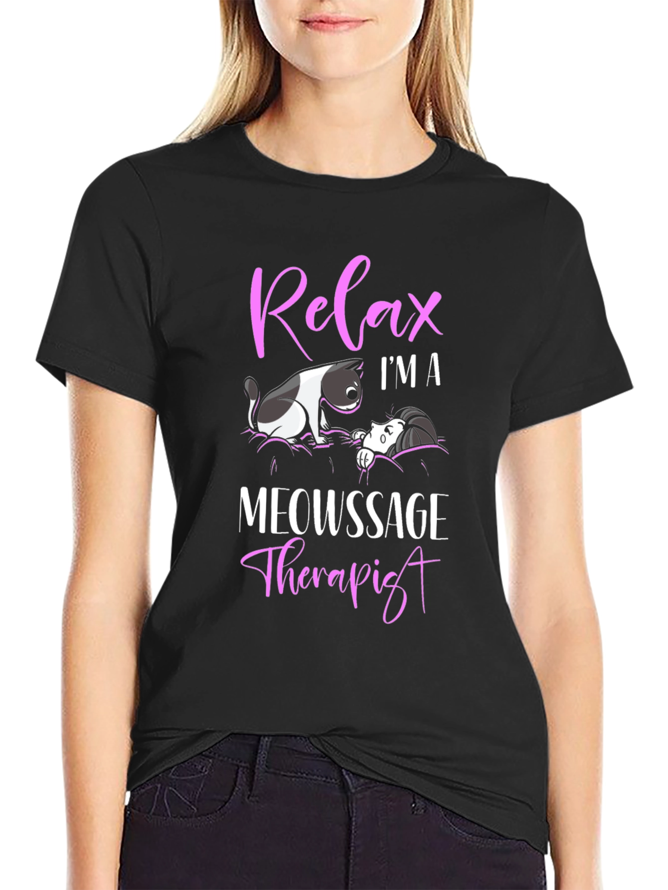 Black Relax I'm a Meowssage Therapist Black T-Shirt view 2