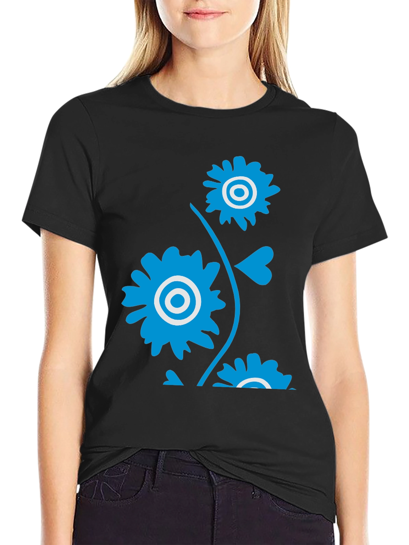 Black Men's Black T-Shirt with Blue Floral Design view 2