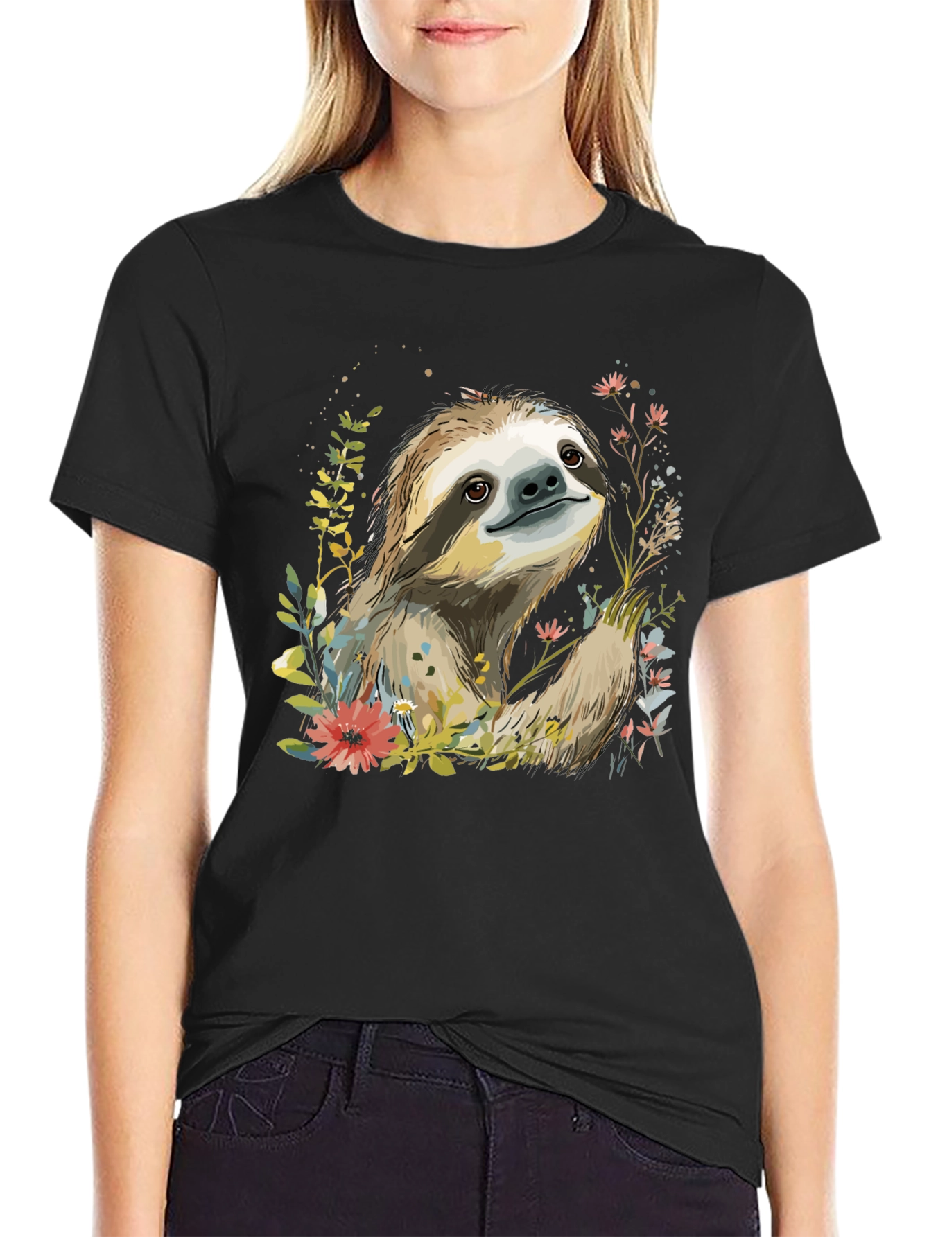 Black Sloth & Floral Print Black T-Shirt view 2
