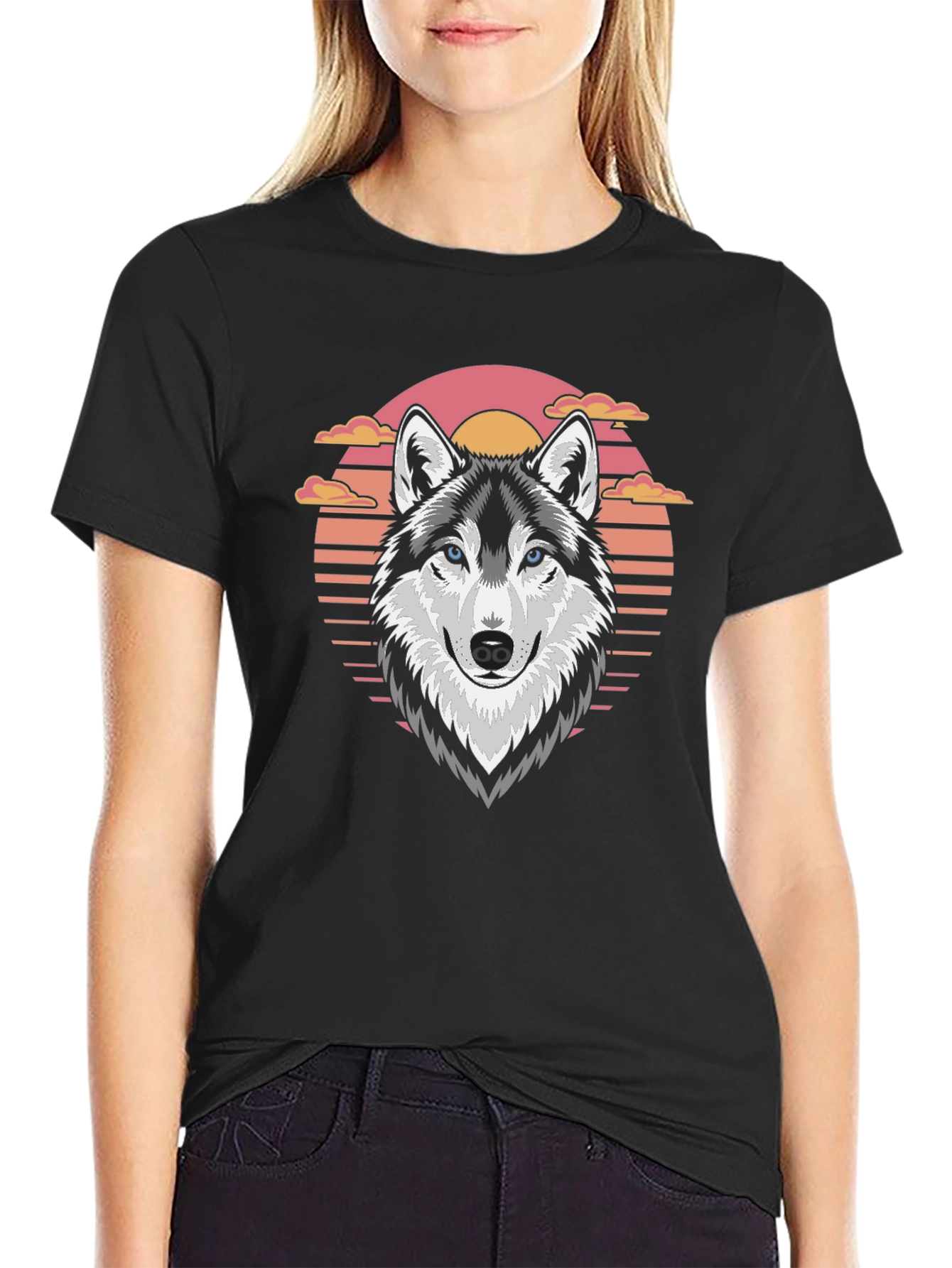 Black Wolf Sunset Graphic T-Shirt view 2