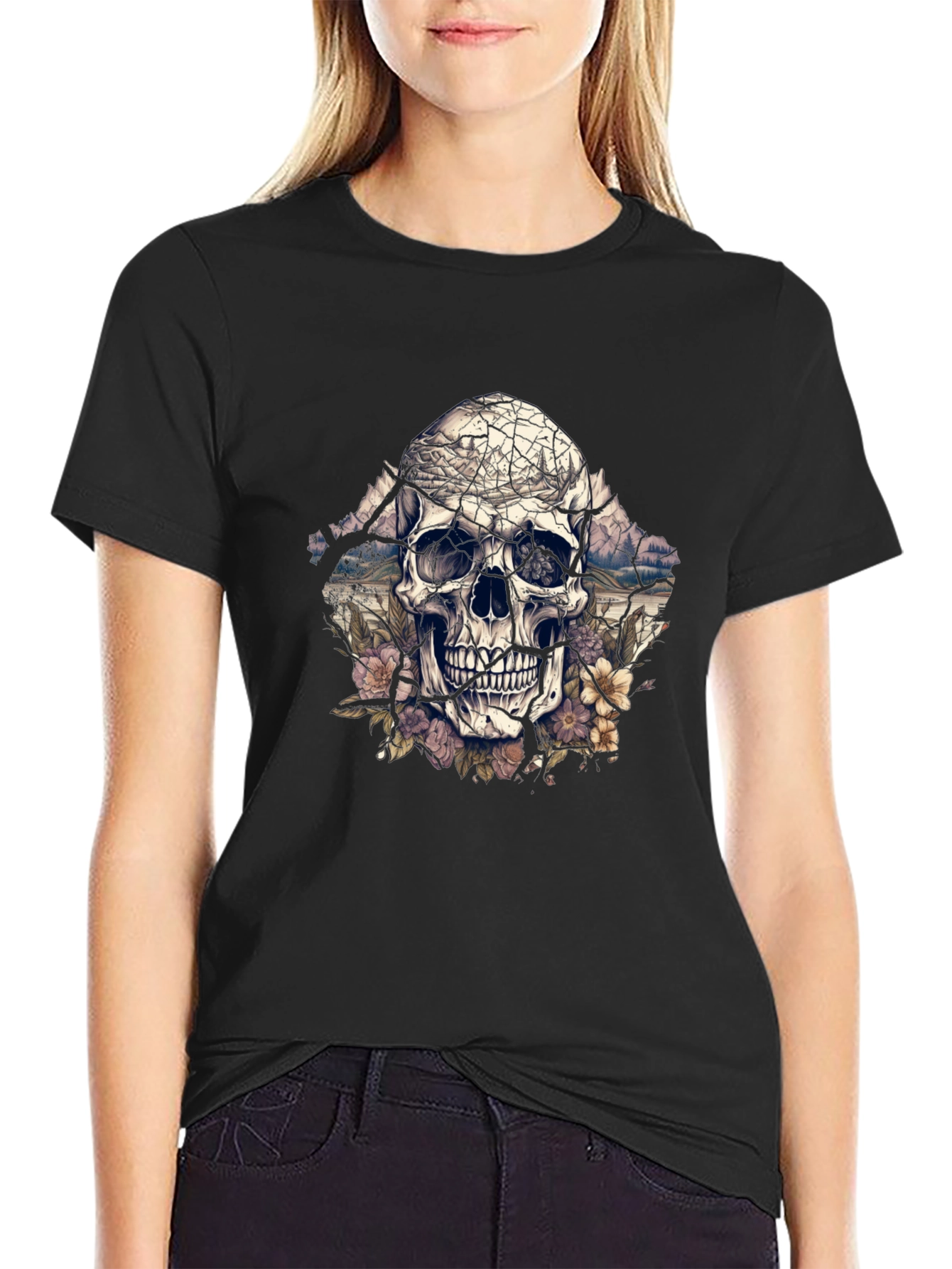Black Floral Skull Graphic Tee - Unique Design view 2