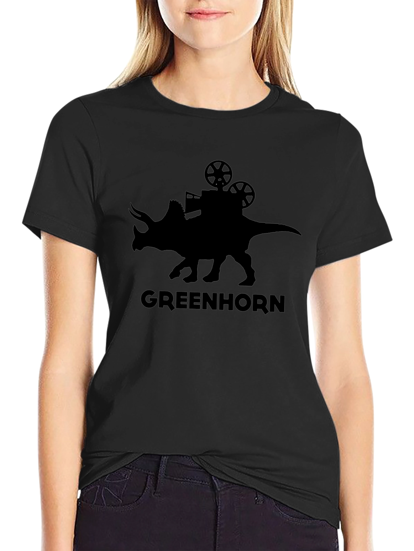 Black Greenhorn Triceratops Movie Projector Black T-Shirt view 2