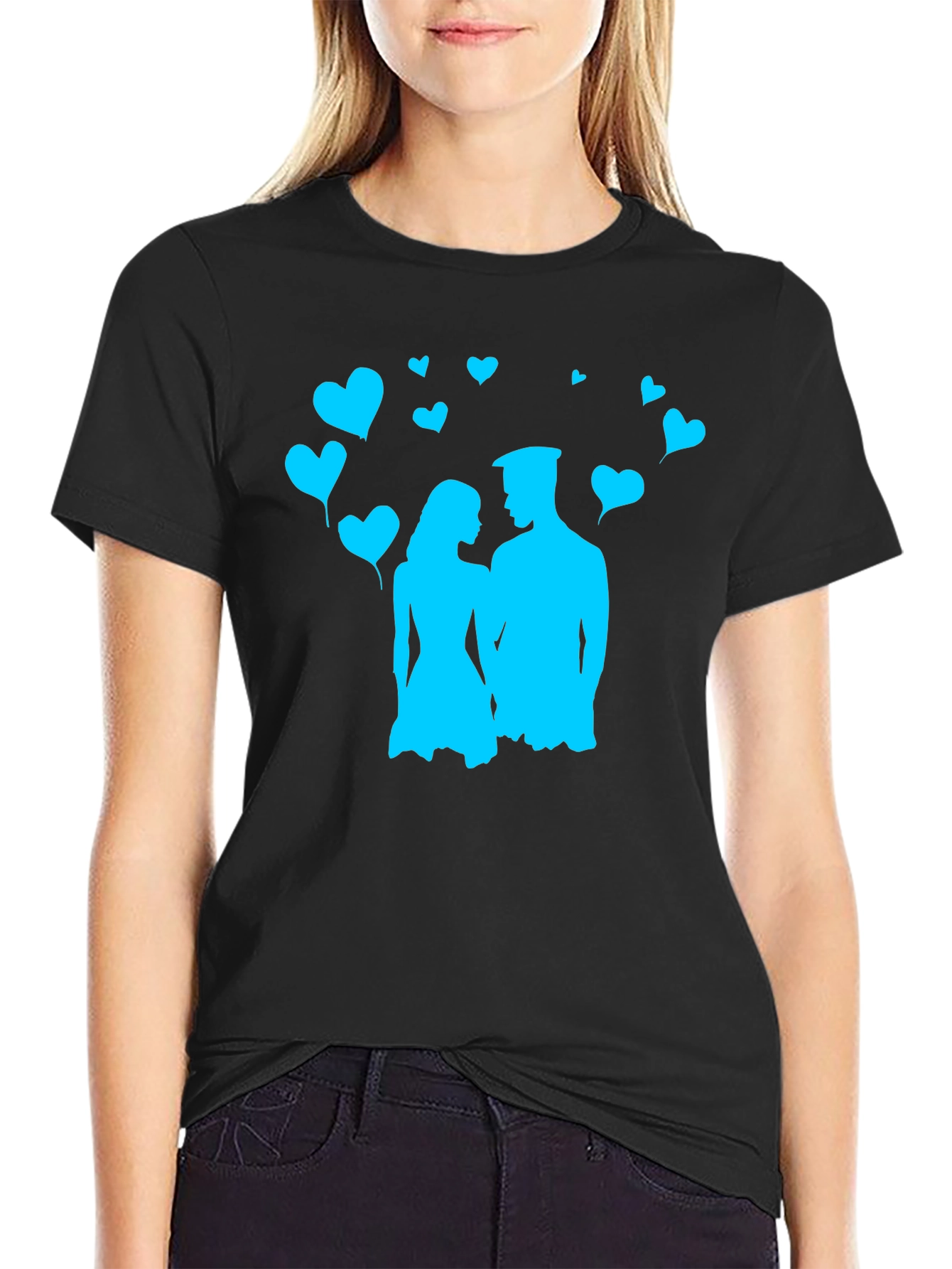 Black Couple's Love T-Shirt - Black with Blue Heart Design view 2