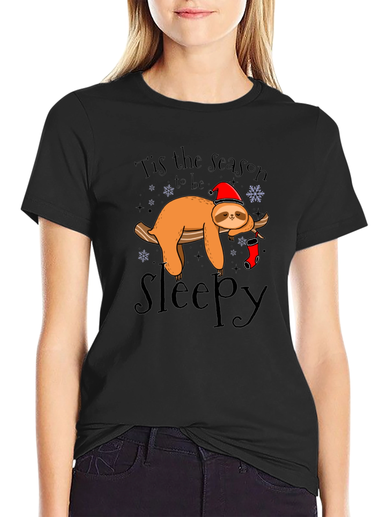 Black Tis the Season to be Sleepy Sloth Graphic T-Shirt view 2